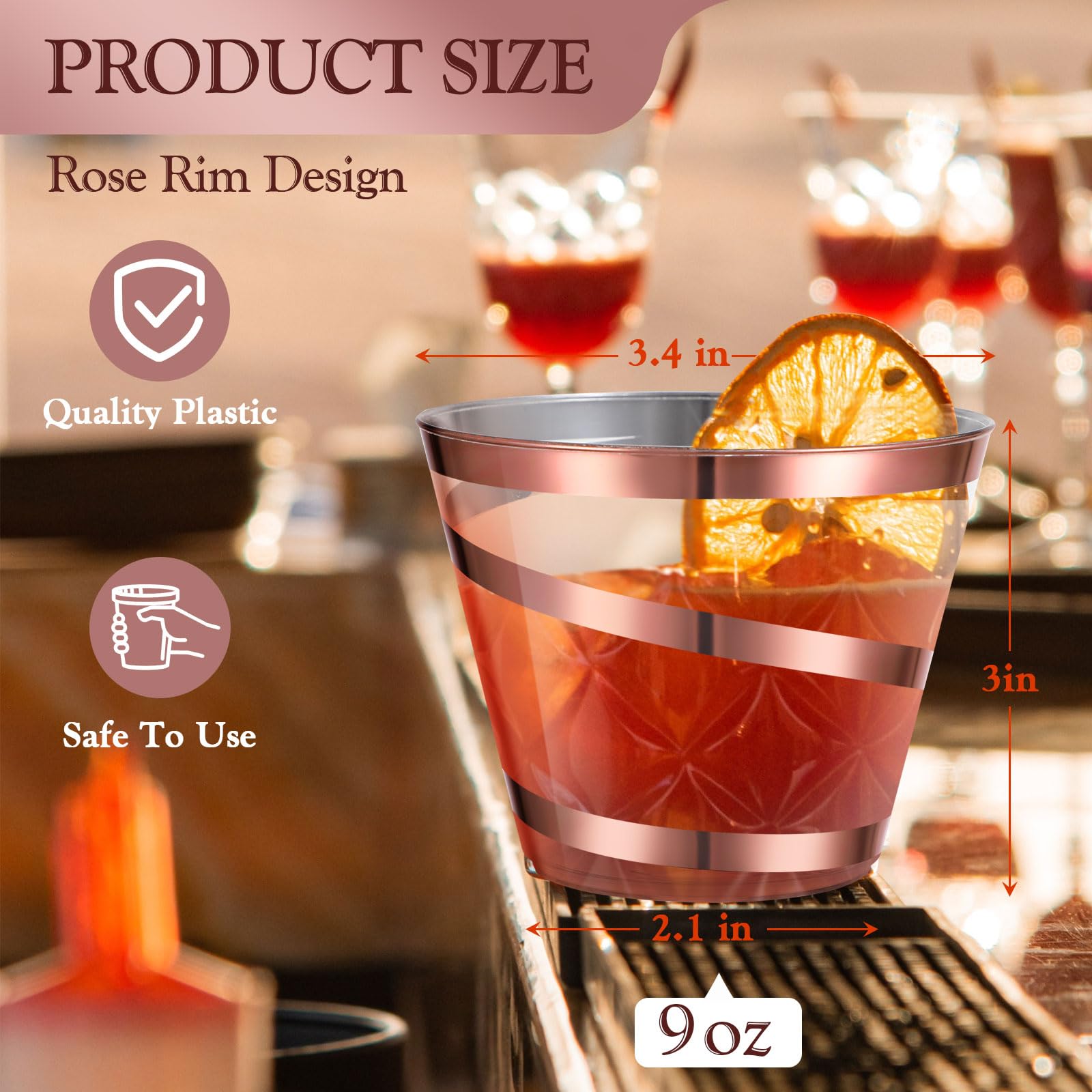 Gejoy 9 oz Disposable Plastic Wine Cups - Elegant Rose Gold Rimmed Swirl Tumblers for Wedding, Engagement & Party Supplies | Perfect for Cocktails, Champagne & Beverages at Celebrations