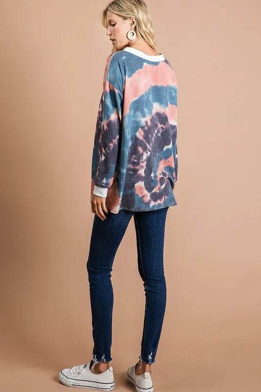BiBi Tie Dye Deep V Neck Lace-Up Front Women's Tops | Boho Chic Summer Blouse for Beach, Festival & Casual Outfits