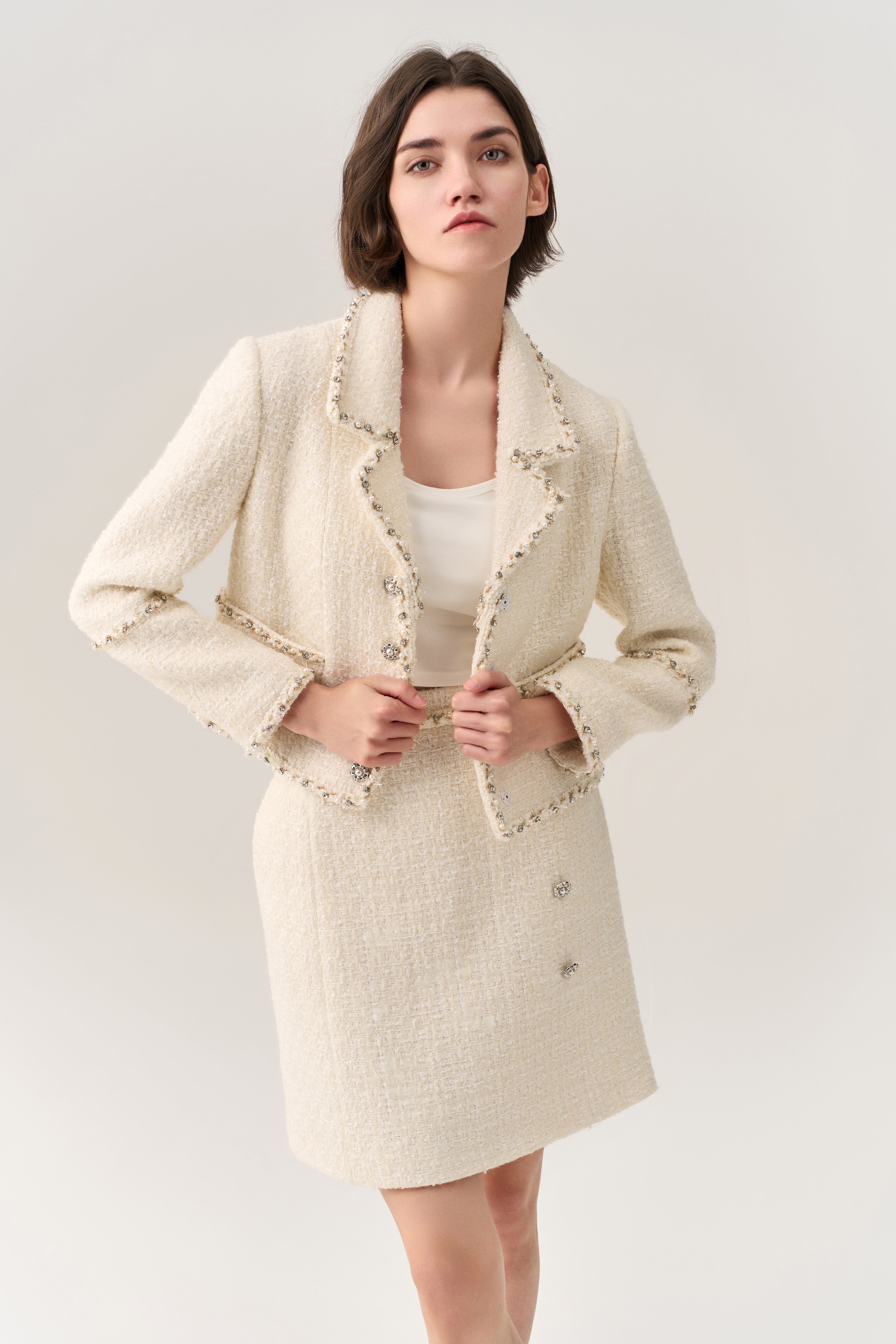 Cropped Embellished Lapel Jacket for Women - Stylish Blazer with Floral Embroidery & Short Sleeves - Perfect for Office Wear, Date Night & Spring Outfits