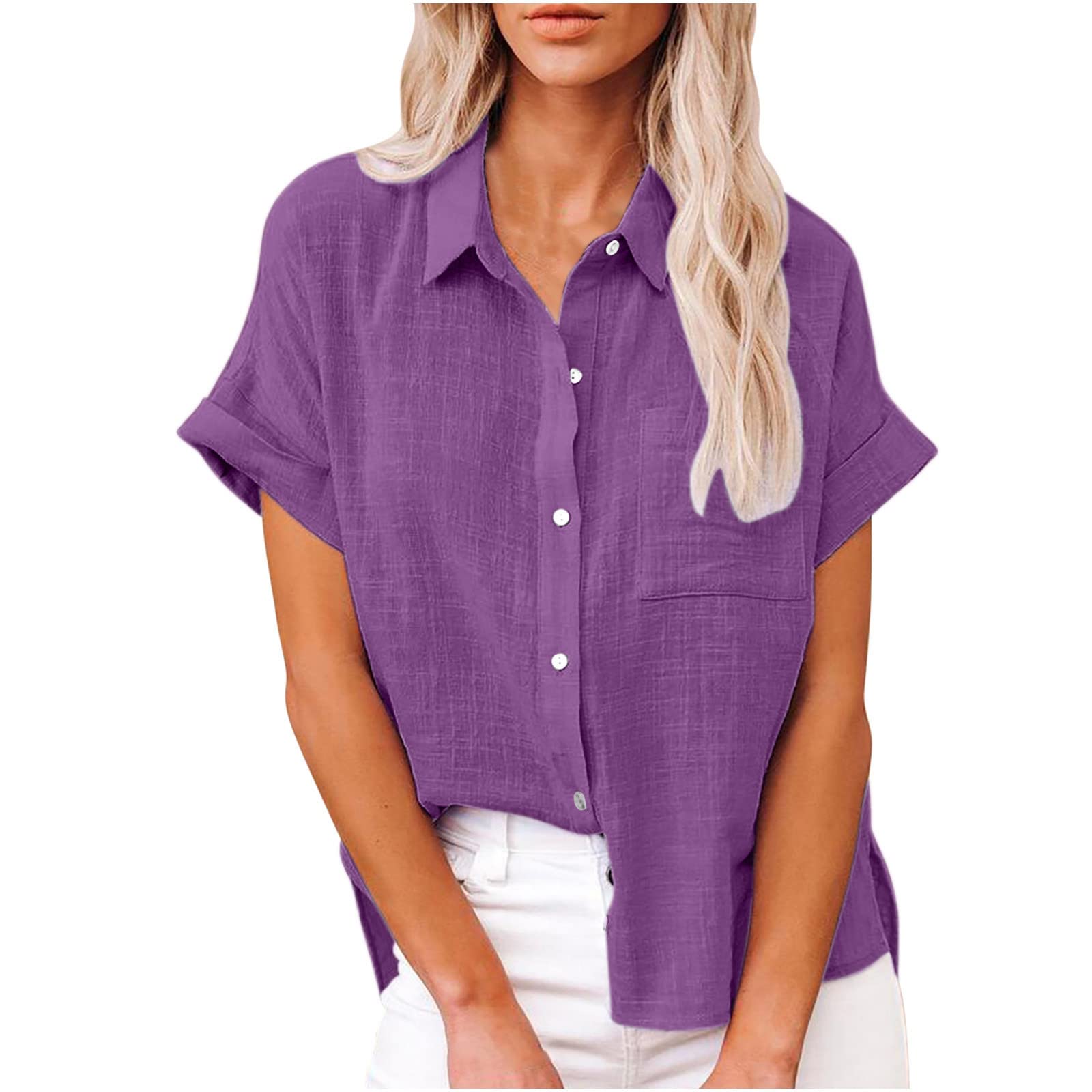 Women's Linen Button Down Shirt - Summer Short Sleeve V-Neck Top for Casual & Dressy Outfits