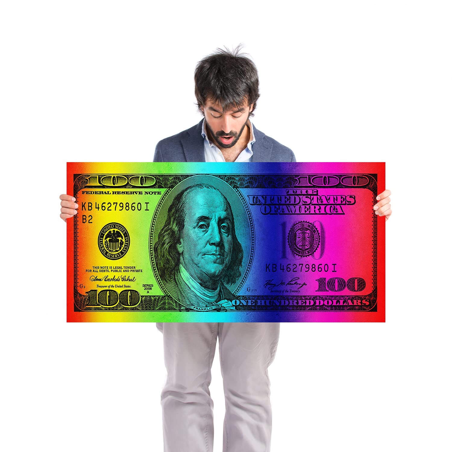 GUBIYU 100 Dollar Bill Wall Art - Rainbow Framed Canvas Print (24