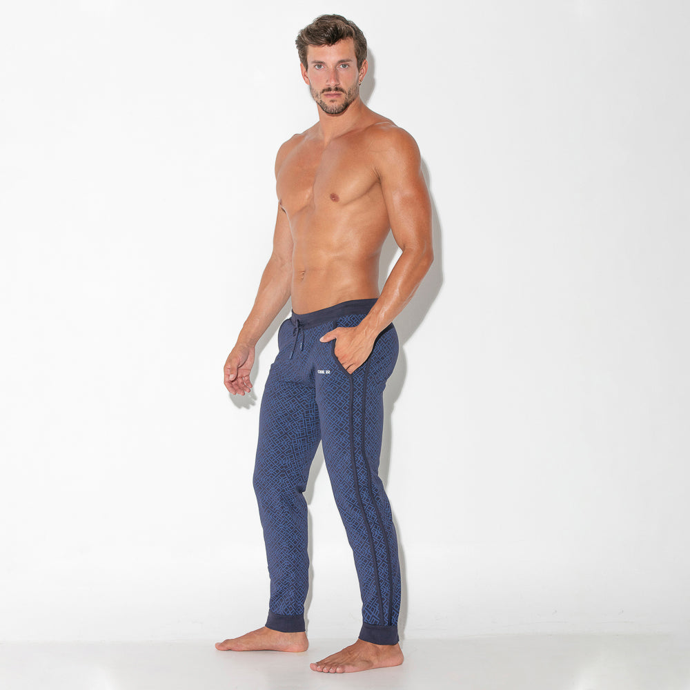 Code 22 Geometric Slim Fit Cotton Jogger Pants 9812 in Navy Blue - Comfortable Casual Wear for Men's Street Style & Lounge