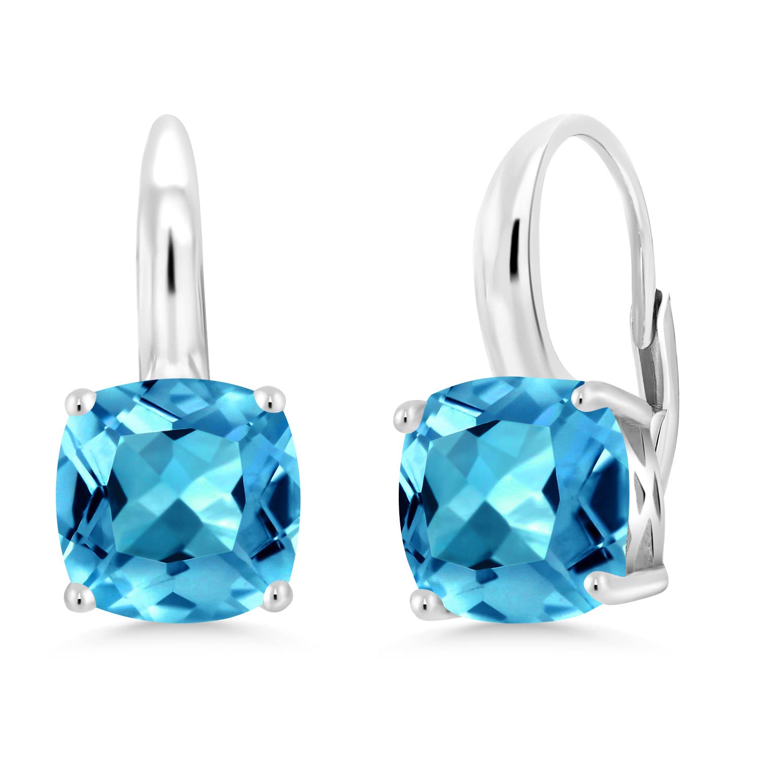 925 Sterling Silver Swiss Blue Topaz Earrings for Women - 5.48 Cttw Cushion Cut 8MM | December Birthstone Jewelry | Elegant Gift for Anniversary, Birthday & Special Occasions | Gem Stone King