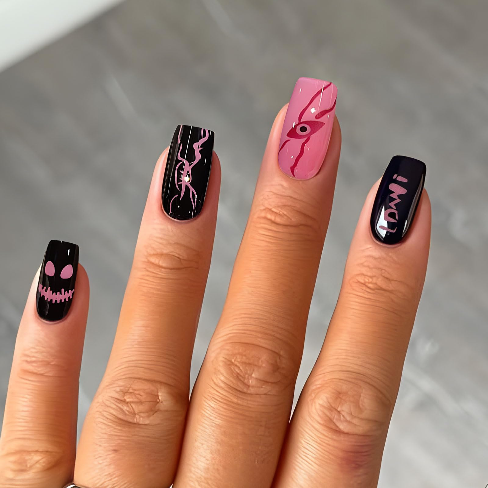20pcs Halloween Semi Cured Gel Nail Strips - Black & Pink Nail Art Stickers, Full Nail Wraps for Women & Girls | Perfect for Halloween Parties, Costume Nails & DIY Manicures