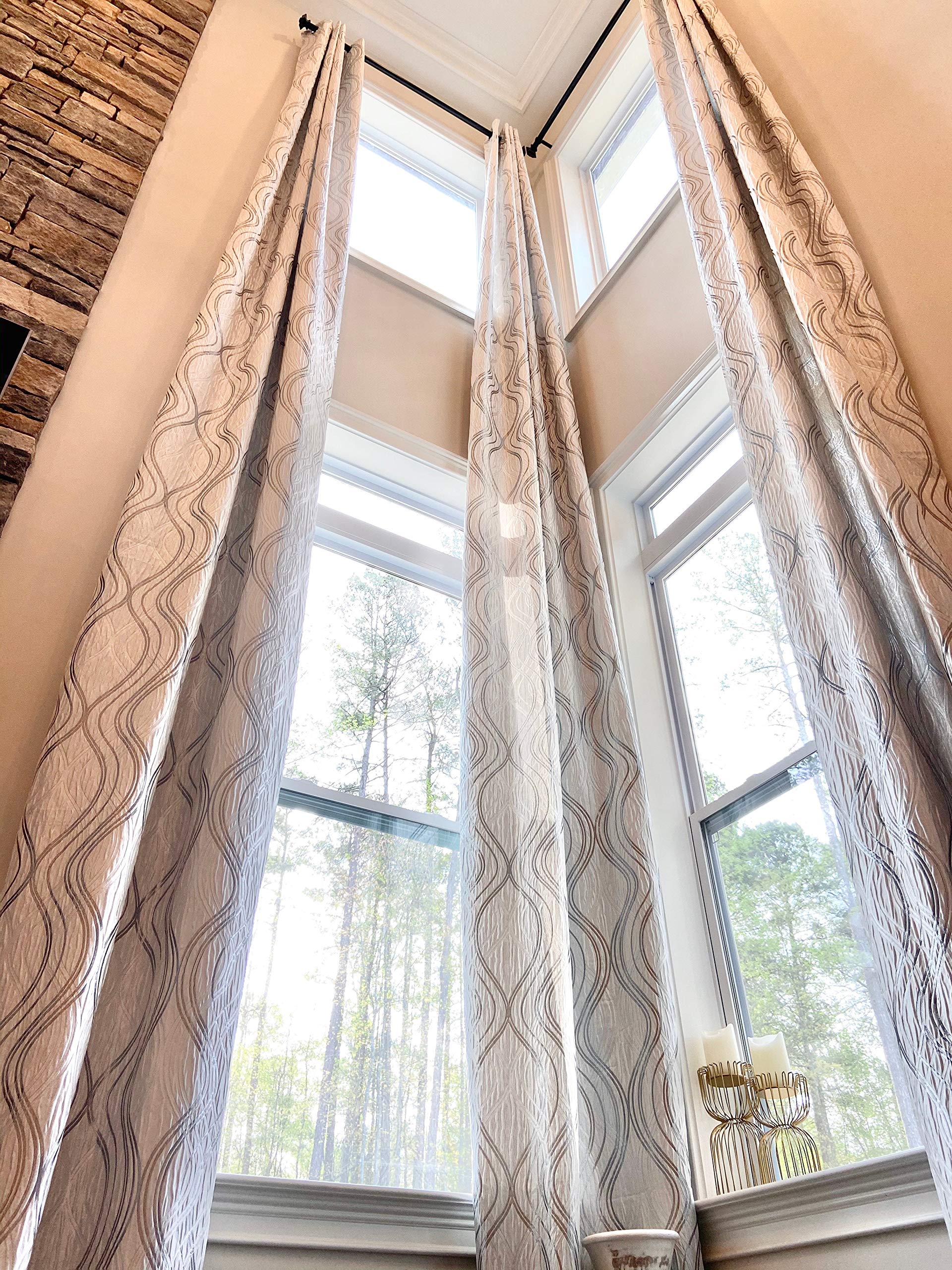 Ikiriska Extra Long Jacquard Curtains - White & Gray/Silver Pattern, Grommet Top (100