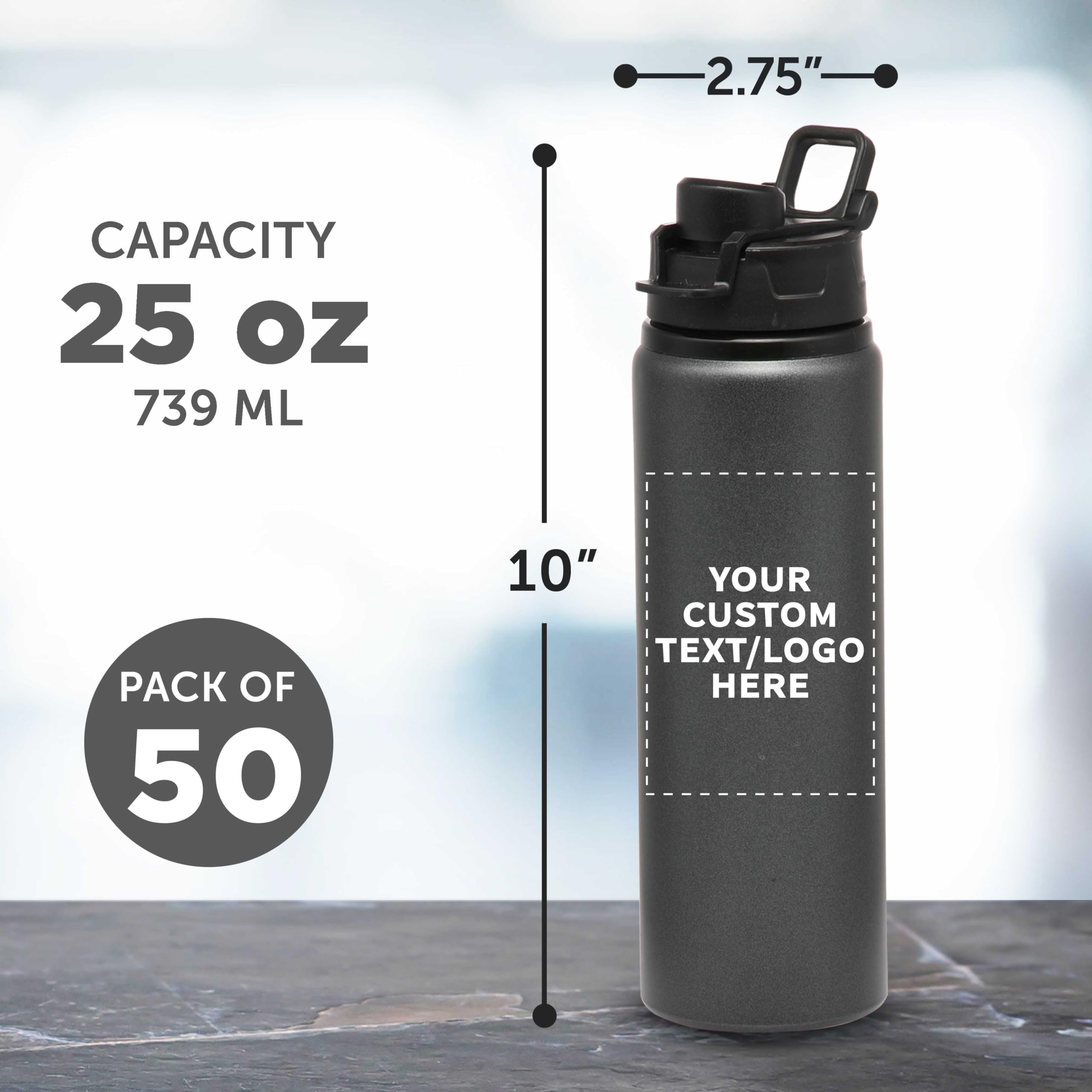 Custom 25oz Aluminum Water Bottles with Snap Lids - Bulk Pack of 50, Personalized Reusable Sports Bottles for Gym, Hiking, Cycling & School - Eco-Friendly Charcol Design | Perfect for Corporate Gifts, Team Events & Outdoor Adventures