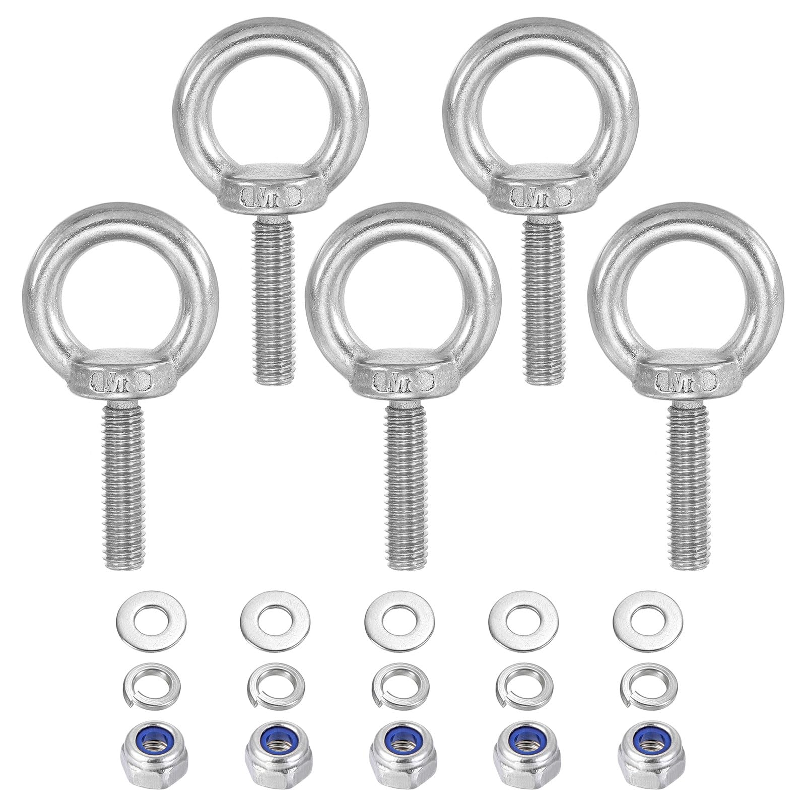 5Pcs 304 Stainless Steel M8 x 30mm Lifting Shoulder Eye Bolts with Nuts & Washers - Heavy Duty Threaded Eyebolt for Hanging Hammocks, Swings, Decorative Lights & Outdoor Fixtures - Corrosion Resistant Hardware for Home & Garden Use