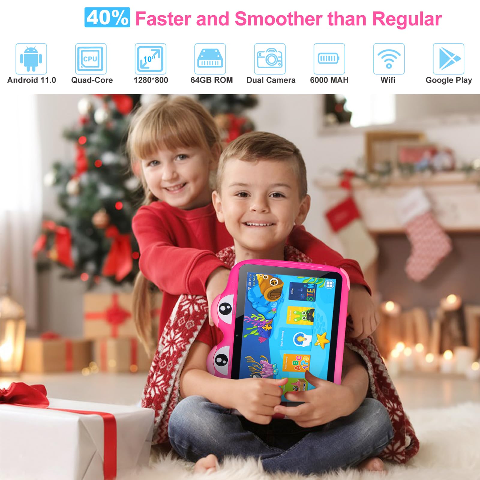 10.1 Inch Kids Tablet with Android 11 | 64GB Storage, WiFi & Bluetooth | Dual Camera, Pre-Installed Apps & Parental Control | Includes Protective Case | Perfect for Learning, Games & Entertainment (Pink)