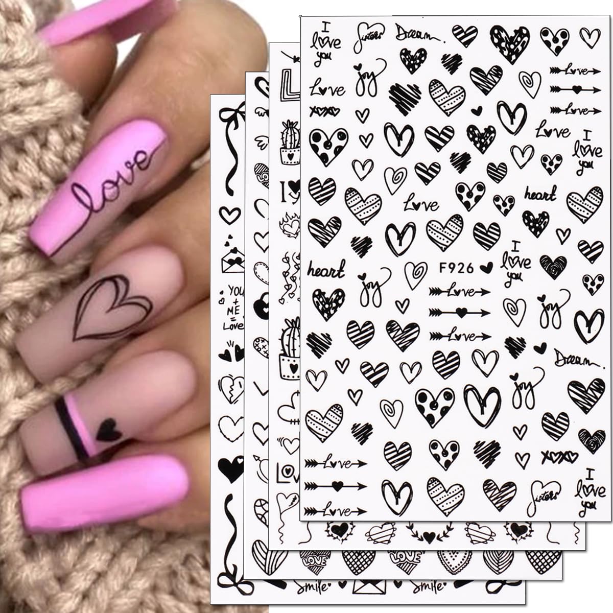 Valentine's Day Nail Art Stickers - 3D Heart Nail Decals for Women, 8PCS Self-Adhesive Love Letter Design French Manicure Tips, DIY Nail Decorations for Valentine's Gifts & Party Nail Art
