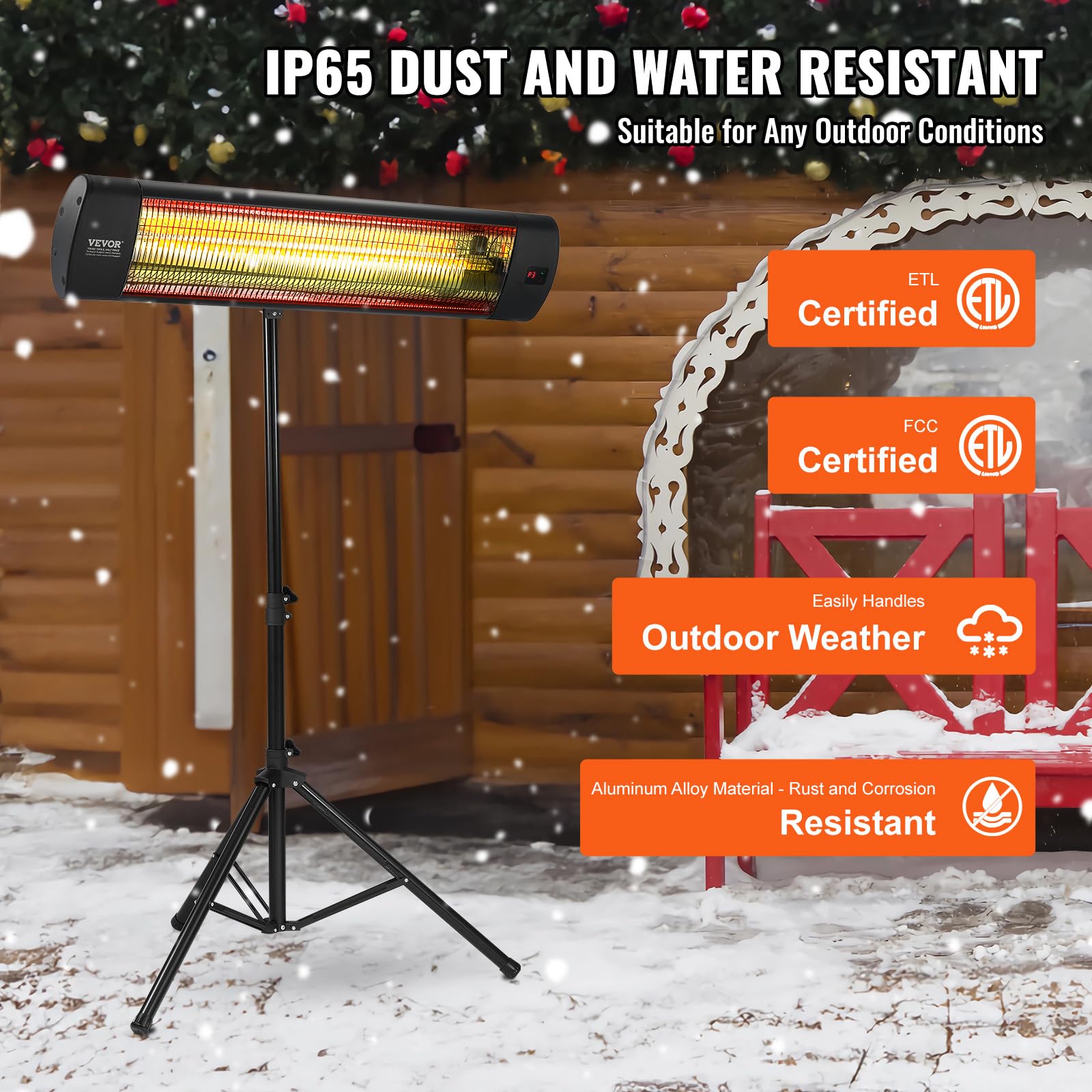 VEVOR 1500W Infrared Heater with Remote Control - 3 Speed Electric Space Heater with LED Display, Timer & Stand - Ceiling/Wall Mountable Patio Heater for Outdoor/Indoor Use - Perfect for Porch, Dining Room, Studio, Garage & Office Warming