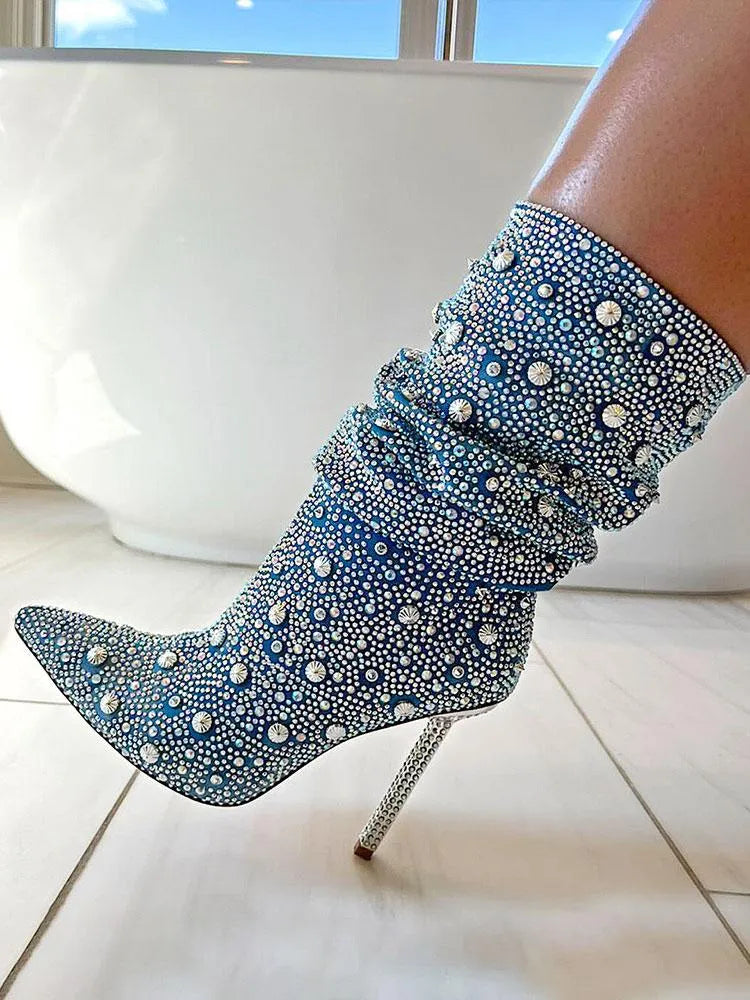 Women's Chelsea Embellished Denim Boots - Stylish Ankle Boots with Rhinestone Decor for Casual Outfits & Night Out | Perfect for Fall Fashion, Date Nights & Office Wear