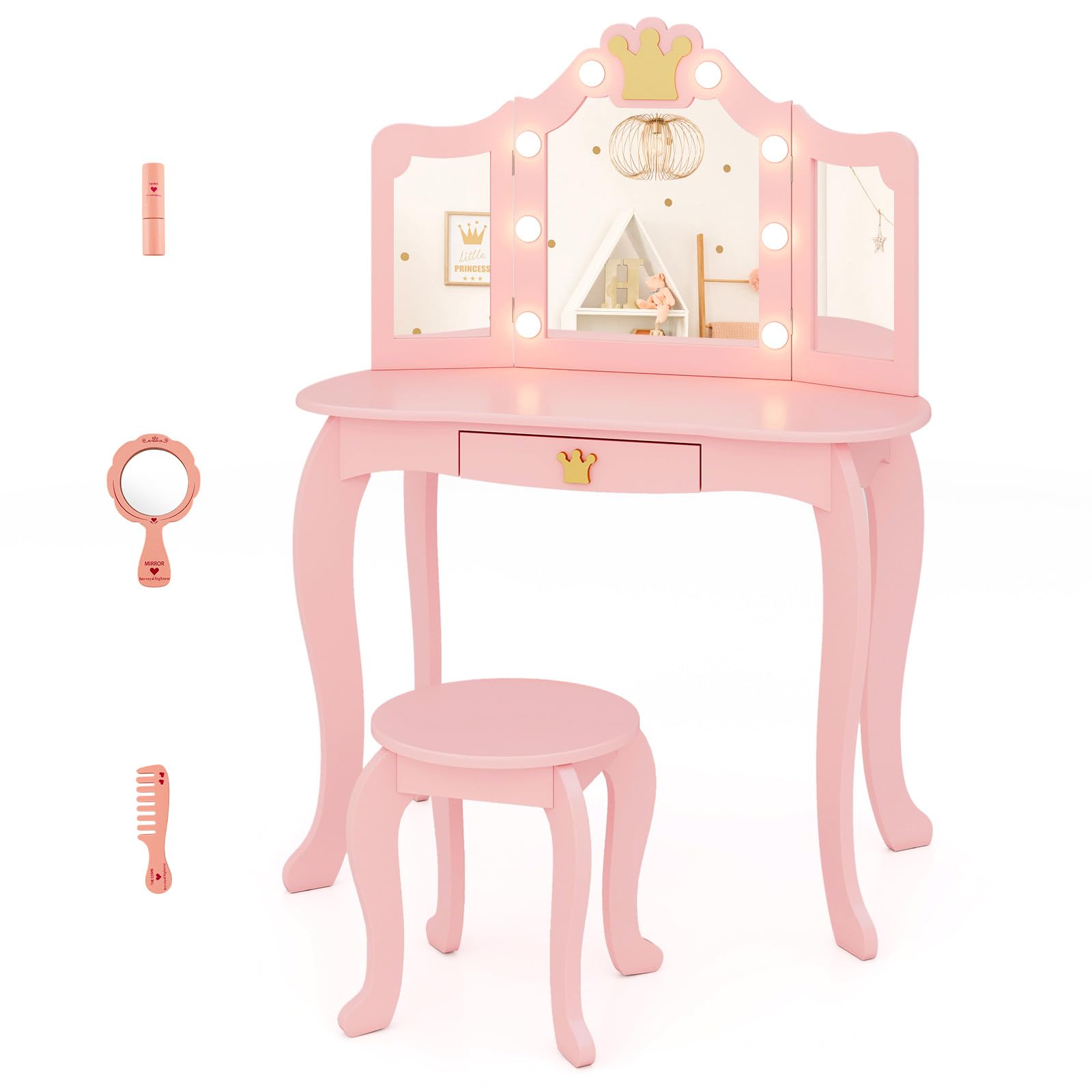 GLACER Pink Wooden Princess Makeup Vanity Set with Mirror, Stool & LED Lights - 2-in-1 Kids Vanity Desk with 3 Lighting Modes, Storage Drawer & Chair - Perfect for Bedroom Decor, Birthday Gifts & Pretend Play for Girls Ages 3-8