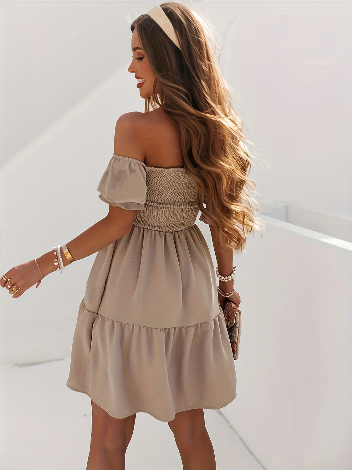 Elegant Full Size Ruffled Off Shoulder Short Sleeve Beach Dress - Flowy Summer Sundress for Women, Perfect for Vacation, Pool Party & Tropical Getaways