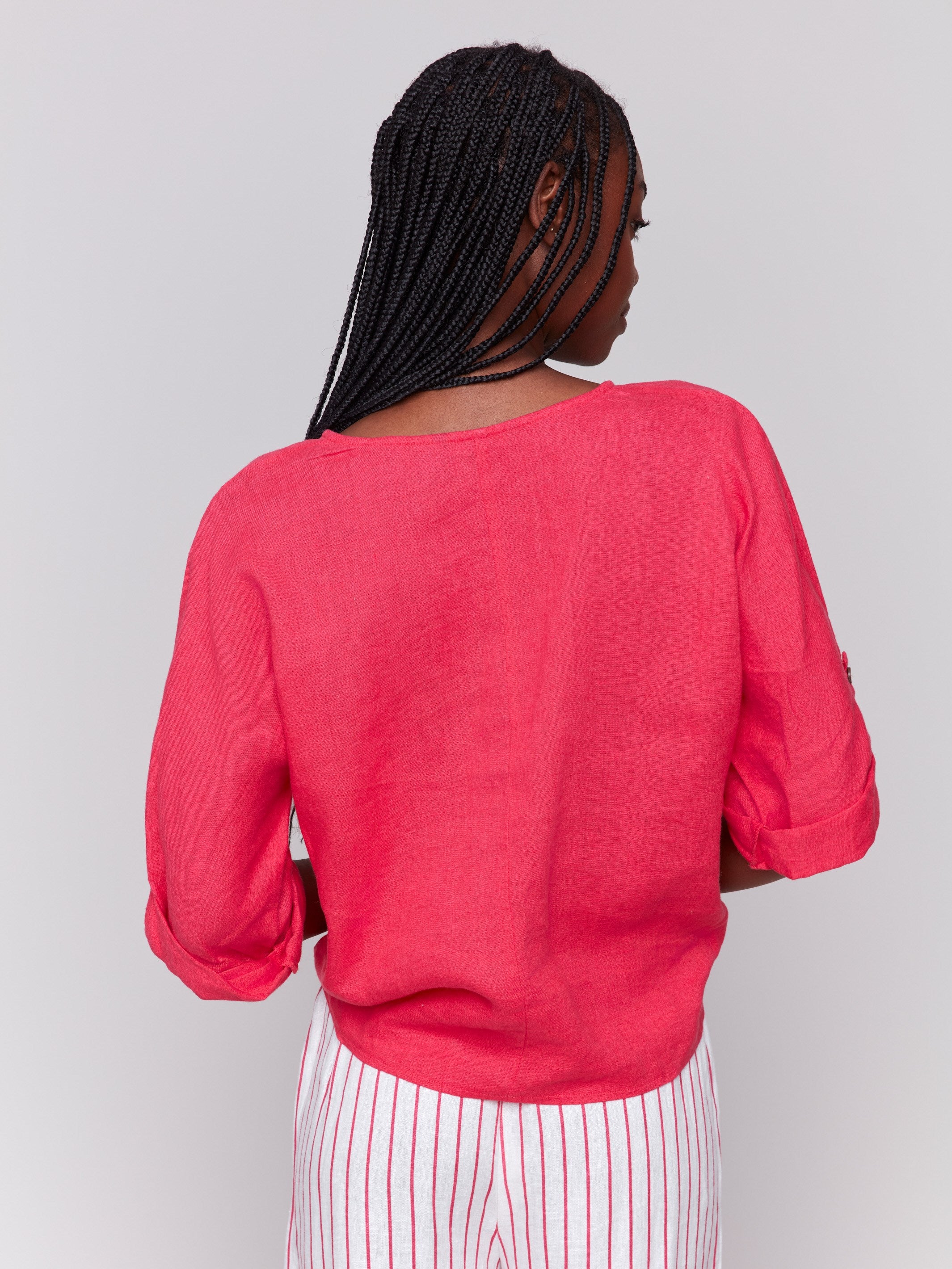 Stylish Linen Blend 3/4 Sleeve T-Shirt with Front Tie Detail - Breathable Summer Top for Women | Perfect for Beach Outings, Casual Wear & Vacation Essentials