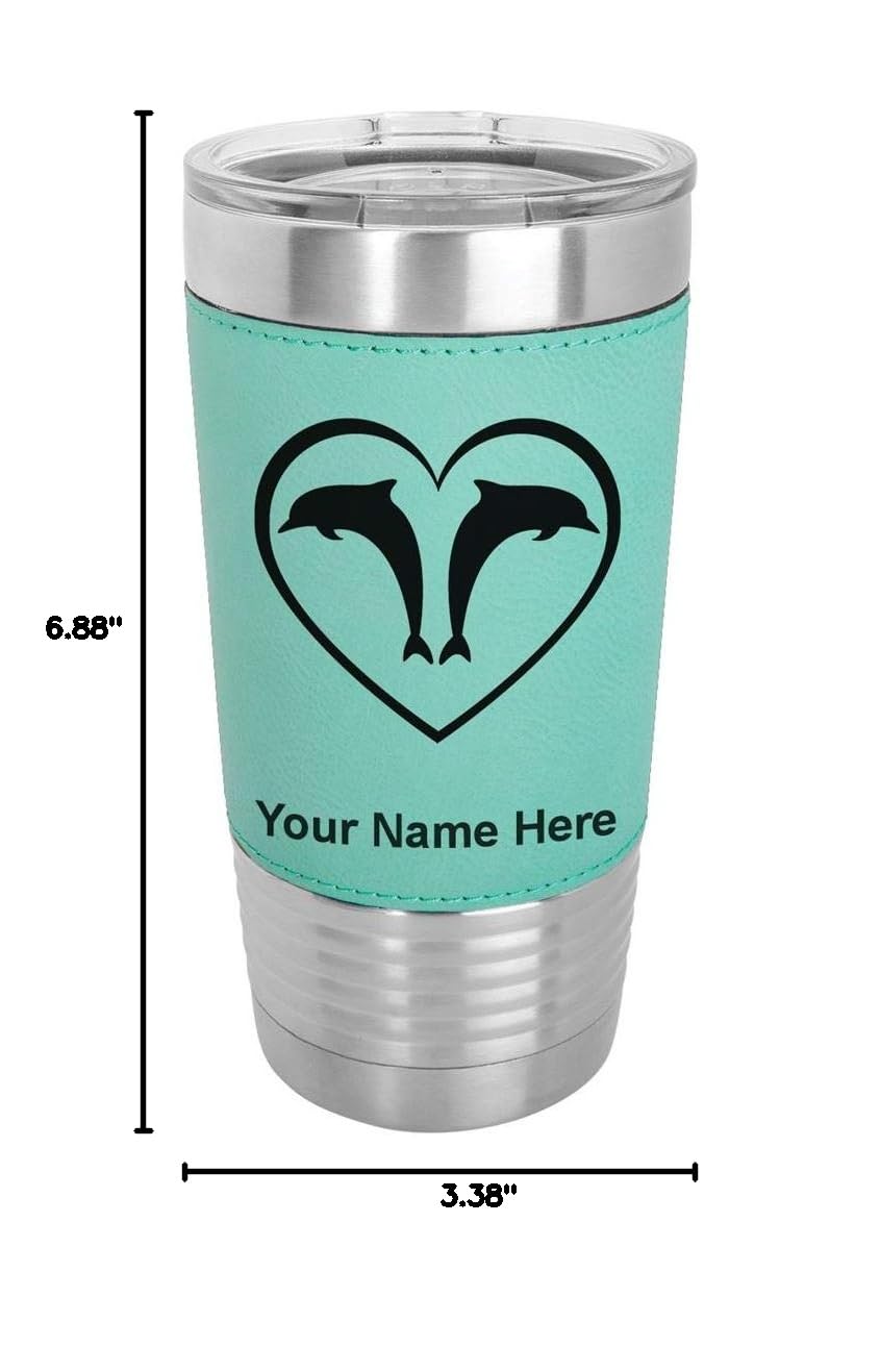 LaserGram 20oz Vacuum Insulated Stainless Steel Tumbler Mug with Leakproof Lid - Personalized Engraving, Faux Leather Wrap & Teal Dolphin Heart Design - Perfect for Coffee, Tea & Cold Drinks at Home, Office or Travel