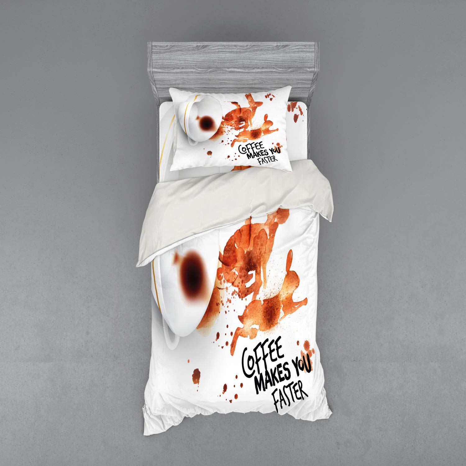 Ambesonne Coffee Art Duvet Cover Set - 3 Piece Bedding with Sham & Fitted Sheet, Twin Size, Burnt Sienna Black White - Inspired Coffee Lover Gift for Home Decor | Perfect for Bedroom, Dorm, Guest Room & Coffee Themed Spaces