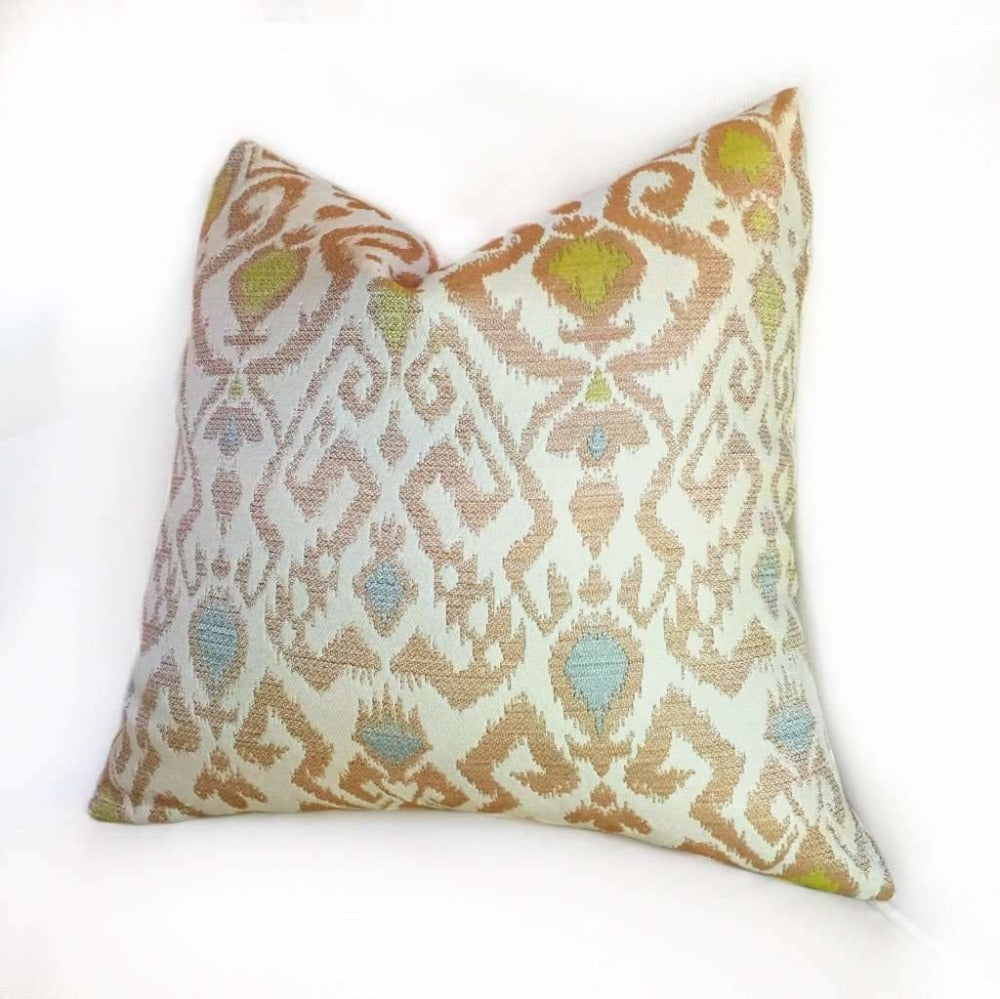 Handwoven Ikat Pillow Cover - Beige, Brown, Green & Blue Ethnic Print - Boho Chic Home Decor for Living Room, Bedroom & Sofa