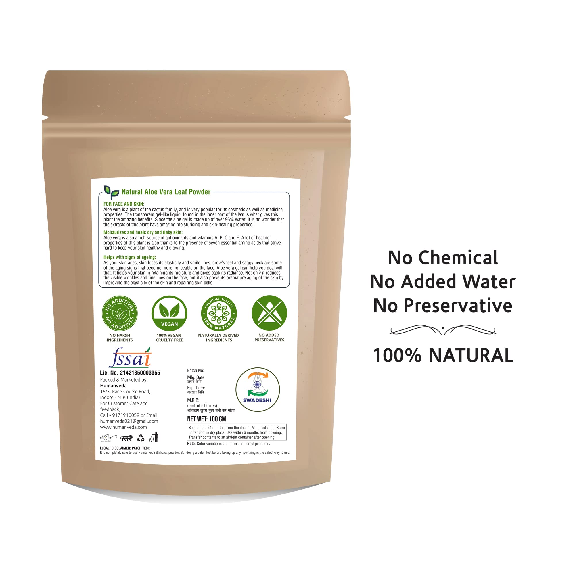 Humanveda Natural & Herbal Aloe Vera Leaf (Aloe Barbadensis) Powder - 100g for Face & Hair Care | Hydrating, Moisturizing, Soothing Skin Treatment | Perfect for DIY Skincare, Hair Masks & Sunburn Relief
