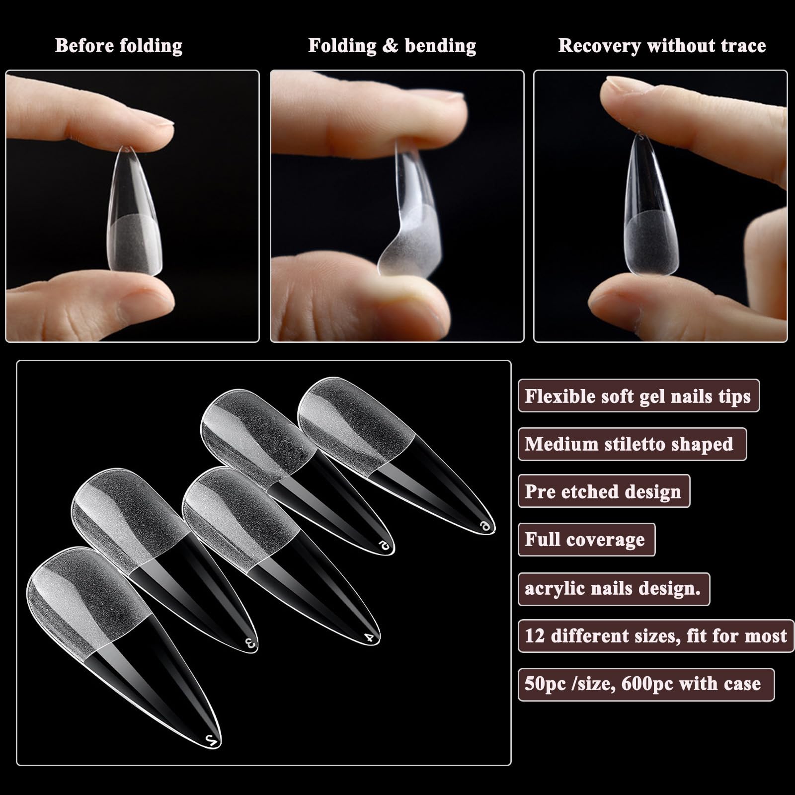 LoveOurHome 600pc Clear Stiletto Press on Nails - Medium Length Acrylic Fake Nails with Pointed Tips for Gel Nail Extensions | Perfect for Parties, Weddings & Special Occasions