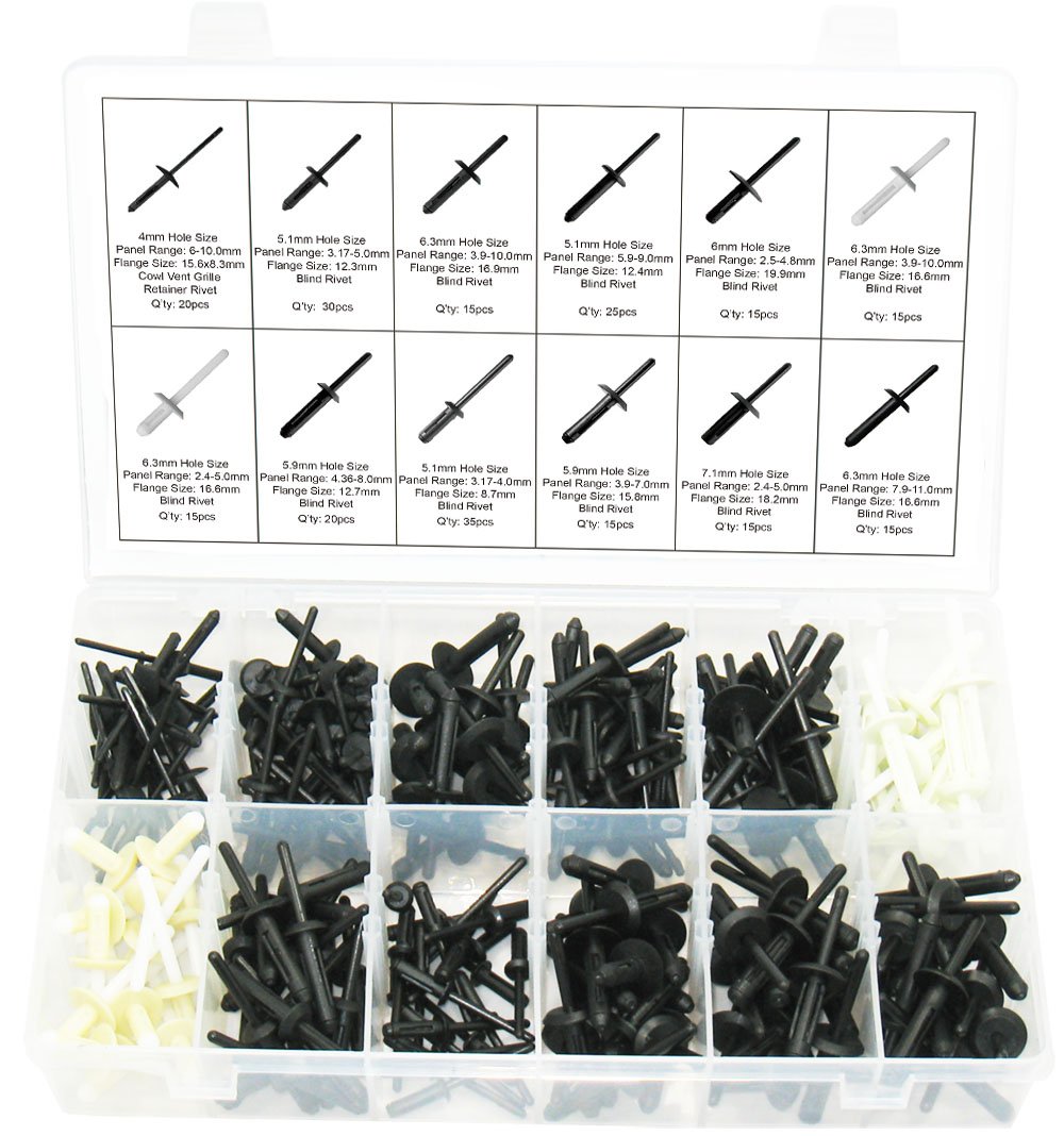 SWORDFISH 60390-235pc Universal Automotive Nylon Pop Rivet Assortment Kit - Durable Fasteners for Car Repair, DIY Projects & Industrial Applications