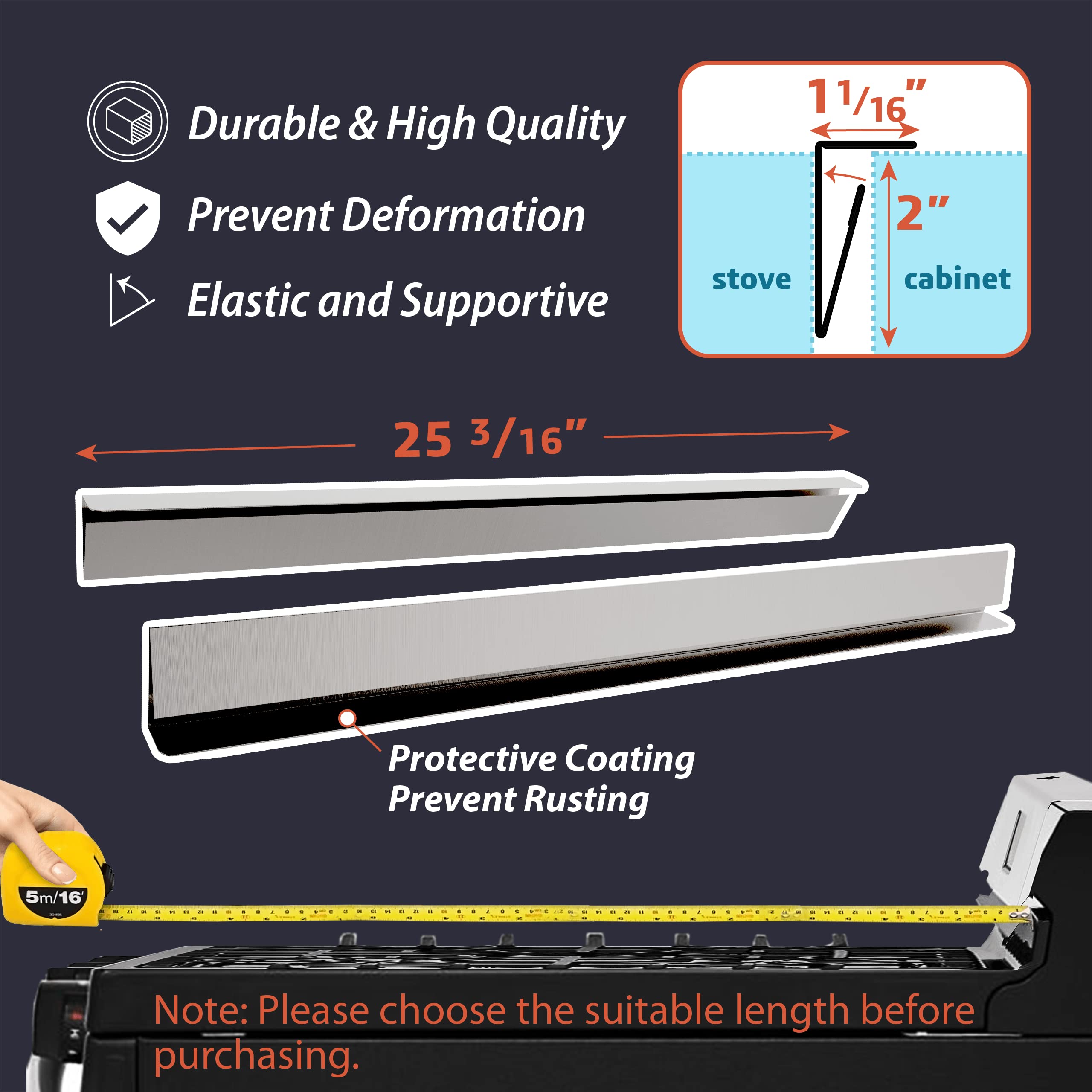 IIIOIIIA Upgraded 'L' Shape Kitchen Stove Counter Gap Cover (2 Pack) - 25.5 Inch Stainless Steel Stove Gap Filler for Spill Protection - Wide & Long Design for Secure Fit Between Stove and Countertop - Perfect for Kitchen Safety and Easy Cleaning (Silver)