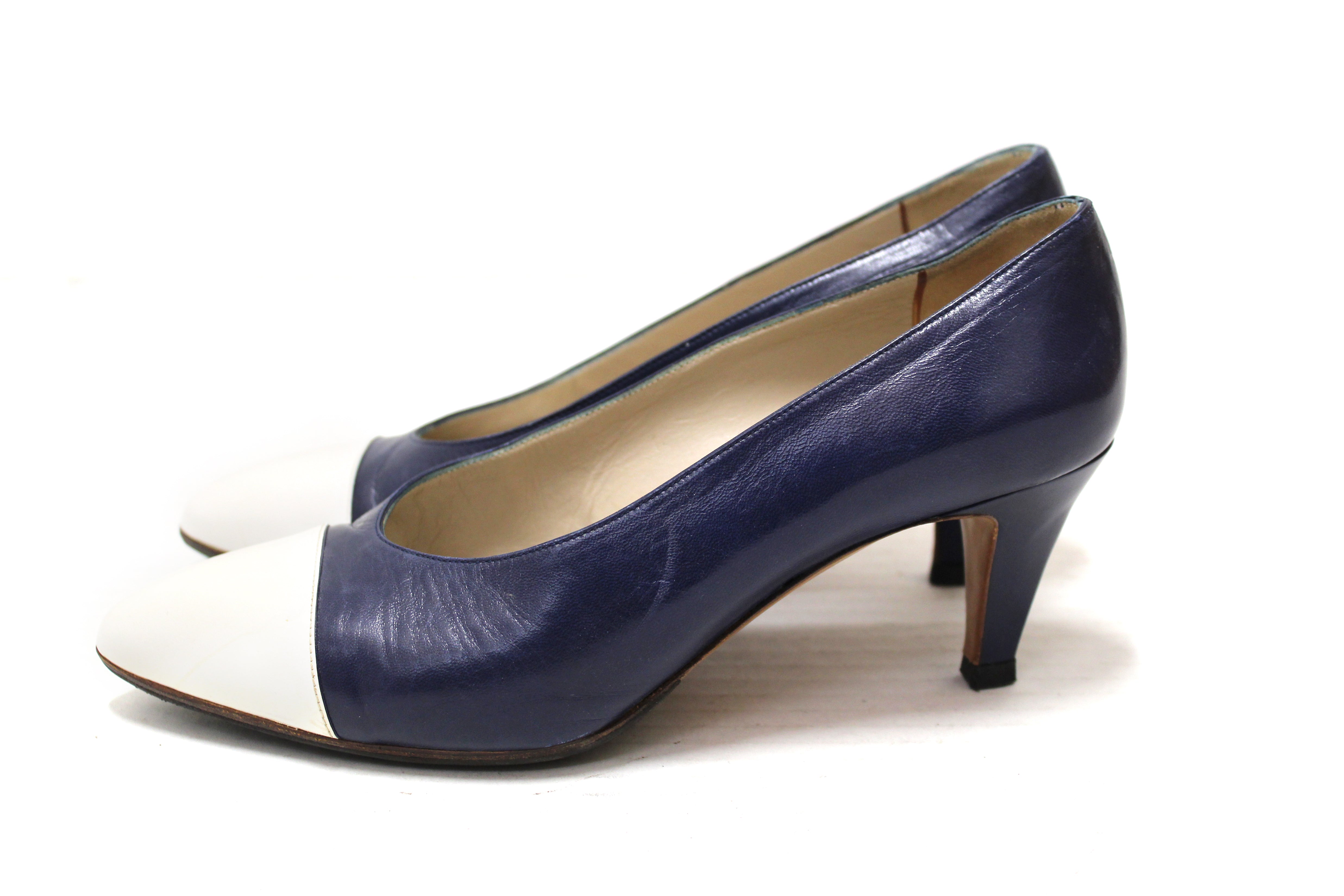 Chanel Navy and White Leather Pointed Heel Pumps - Size 35.5 EU (5.5 US) - Women's Luxury High Heels for Evening Parties & Formal Events