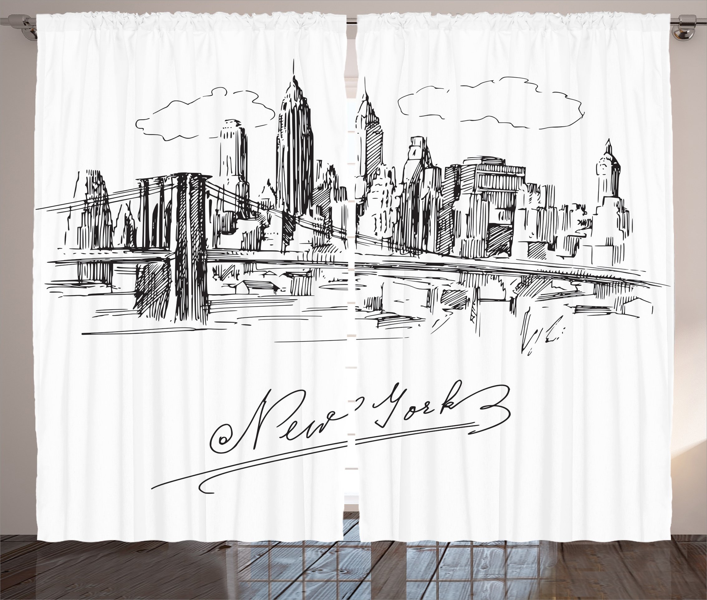 Ambesonne NYC Black and White Curtains - New York City Skyline Sketch Window Drapes for Living Room & Bedroom - 108