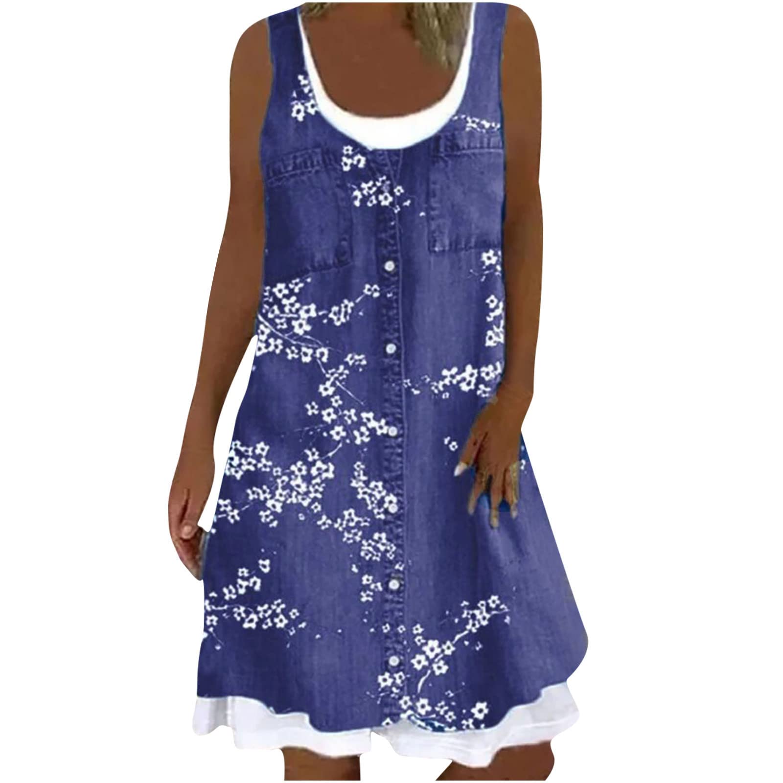 Distressed Denim Print Sleeveless Mini Dress for Women - Plus Size Summer Tank Dress with O-Neck | Casual Juniors Outfit for Beach, Party & Everyday Wear