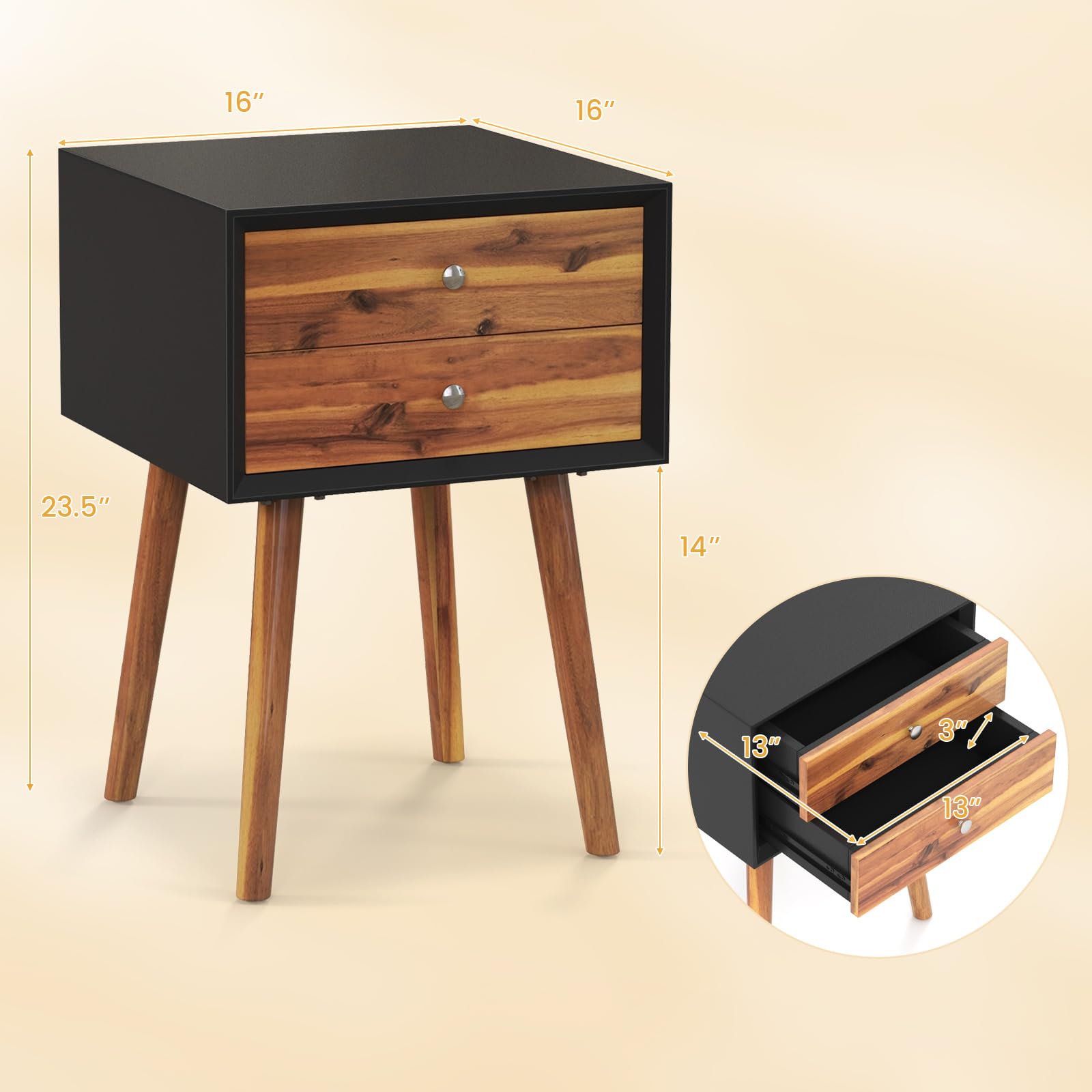 Giantex Mid Century Modern Nightstand with 2 Drawers - Solid Wood Legs Bedside Table - Small Space End Table for Bedroom & Living Room - Black & Walnut Finish - Perfect for Apartment, Dorm, Guest Room & Home Decor