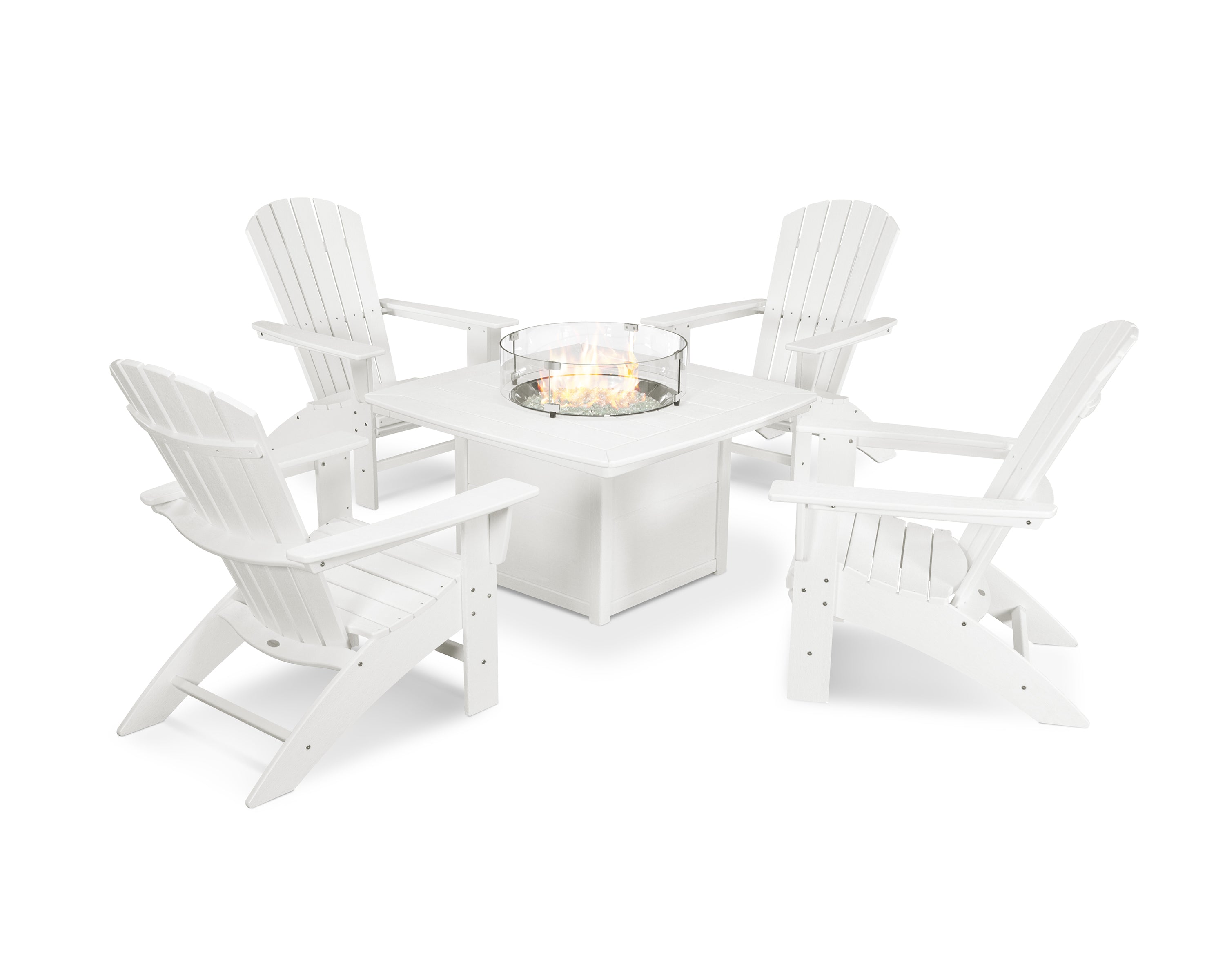 POLYWOOD Nautical Curveback Adirondack 5-Piece Outdoor Conversation Set with Fire Pit Table - Perfect for Patio, Deck, Poolside & Backyard Relaxation