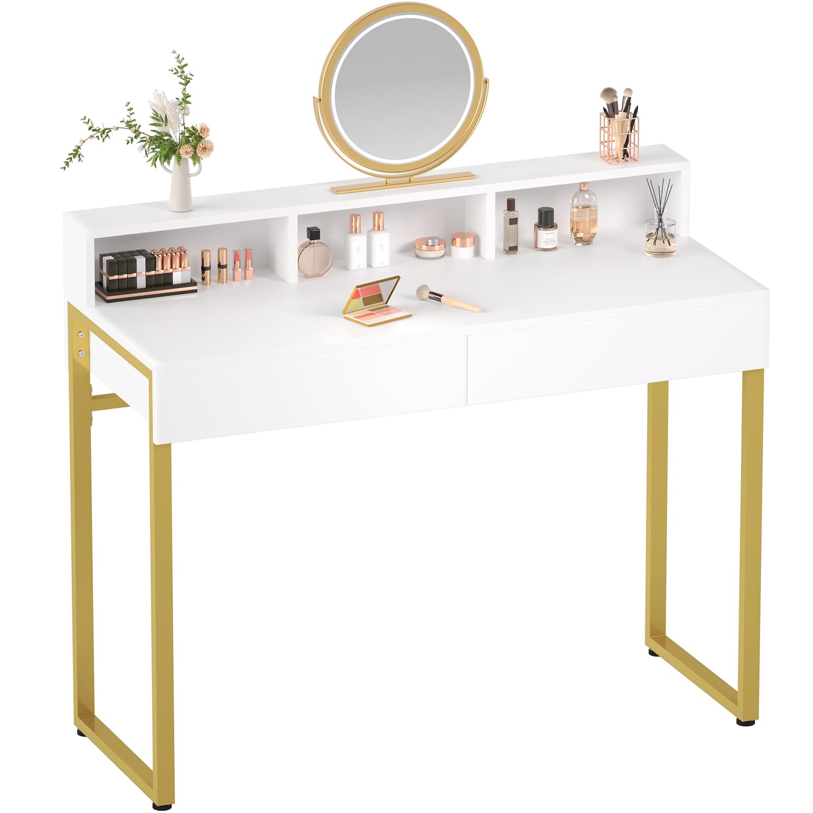 Modern White Vanity Desk with Drawers & Gold Legs for Bedroom & Home Office