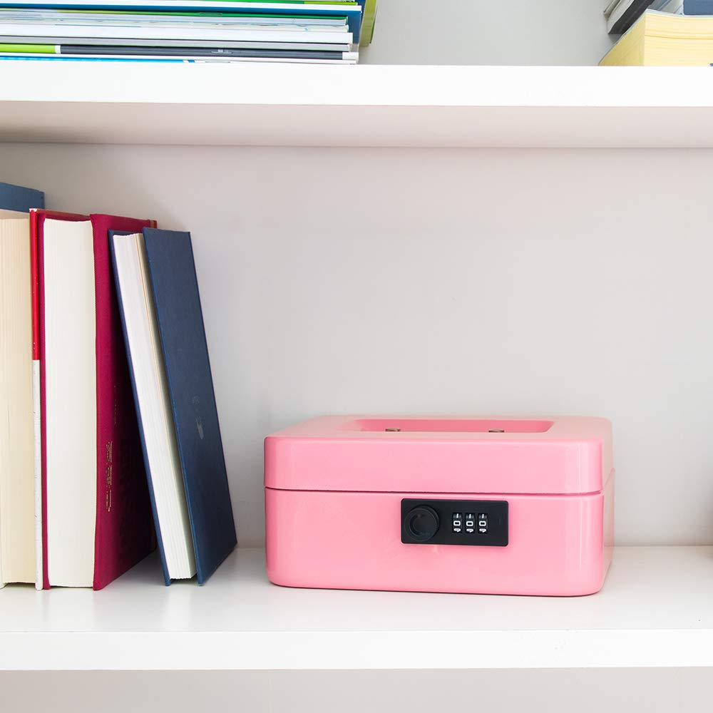 KYODOLED Medium Cash Box with Combination Lock - Secure Metal Money Storage Box with Removable Tray - 7.87x6.30x3.54 Inch Pink Safe for Home, Office, Retail & Small Business Use