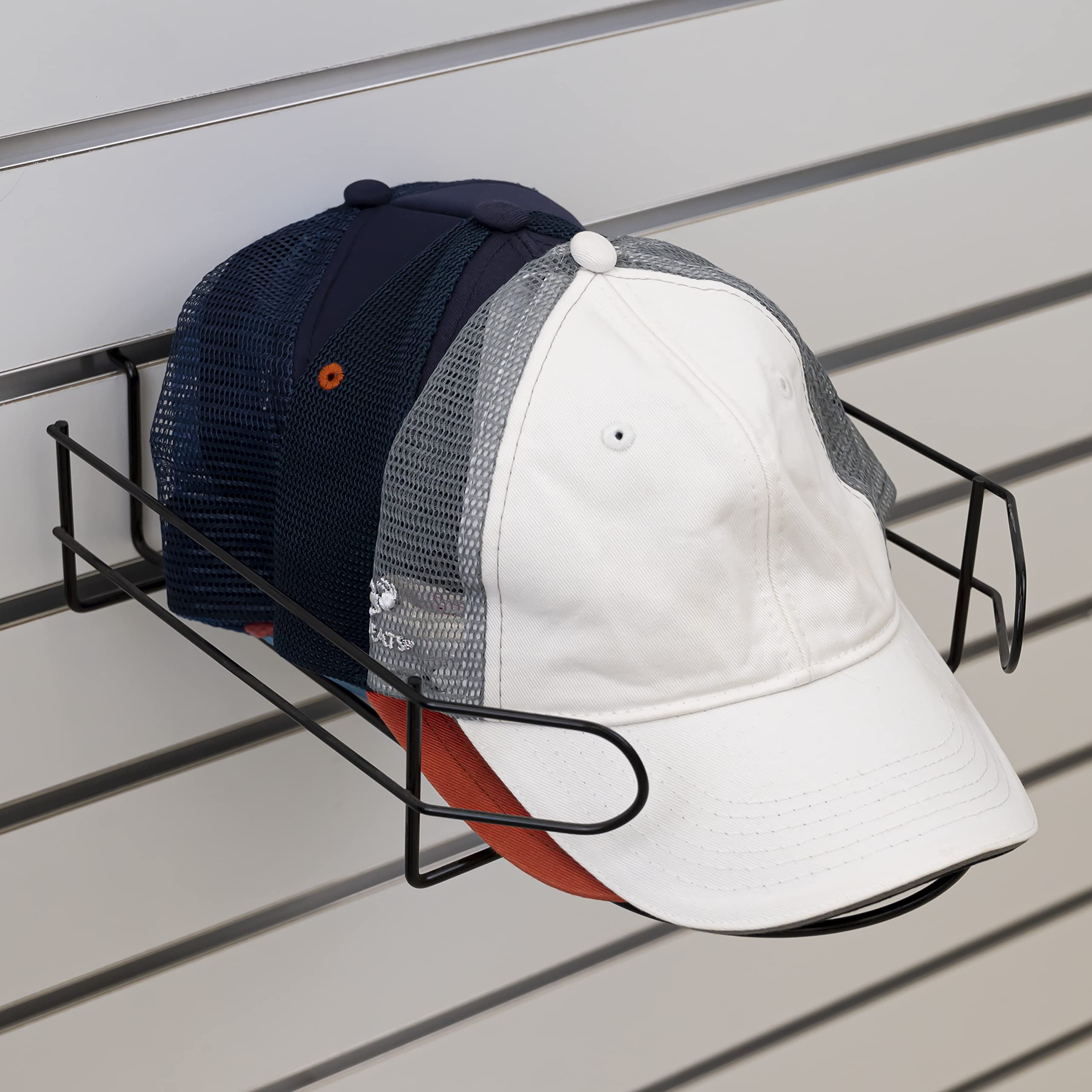 Black/Chrome/White Slatwall Cap Display Rack - 4 Pack Hat Organizer for Fitted Hats, Snapbacks & Baseball Caps - Perfect for Retail Stores, Boutiques & Hat Shops Display