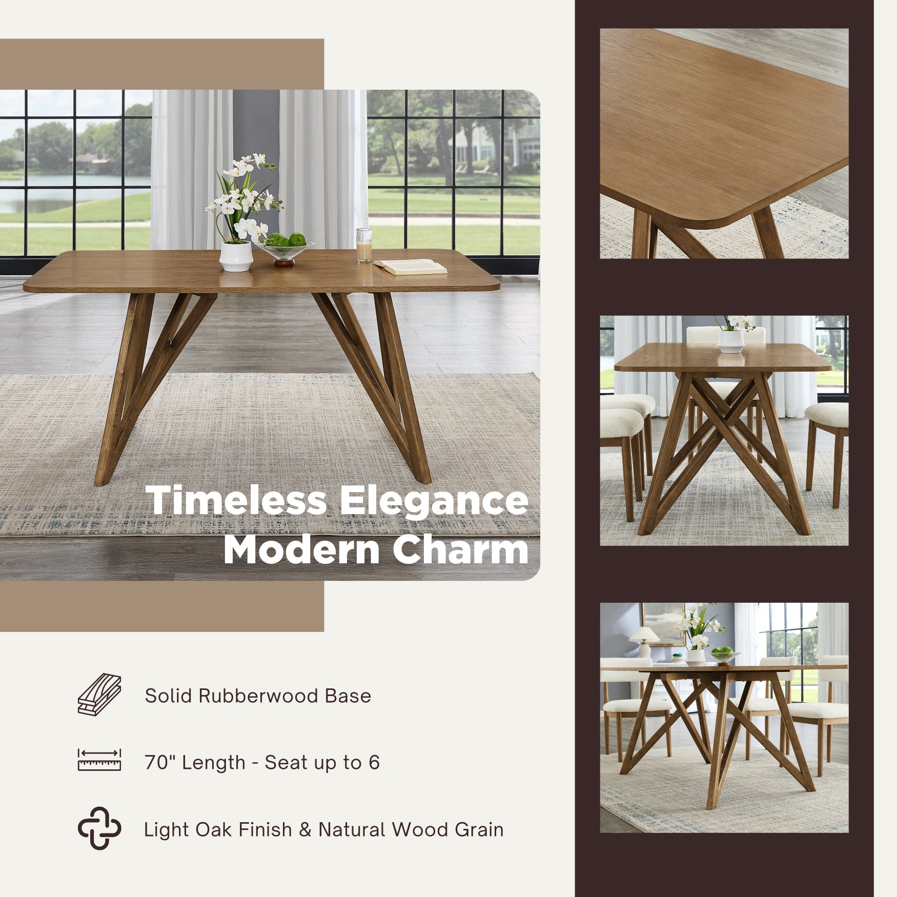 Roundhill Furniture Axler 7-Piece Dining Set - Light Oak Tripod Cross Base Table with 6 Modern Chairs | Perfect for Kitchen, Dining Room & Small Space Gatherings