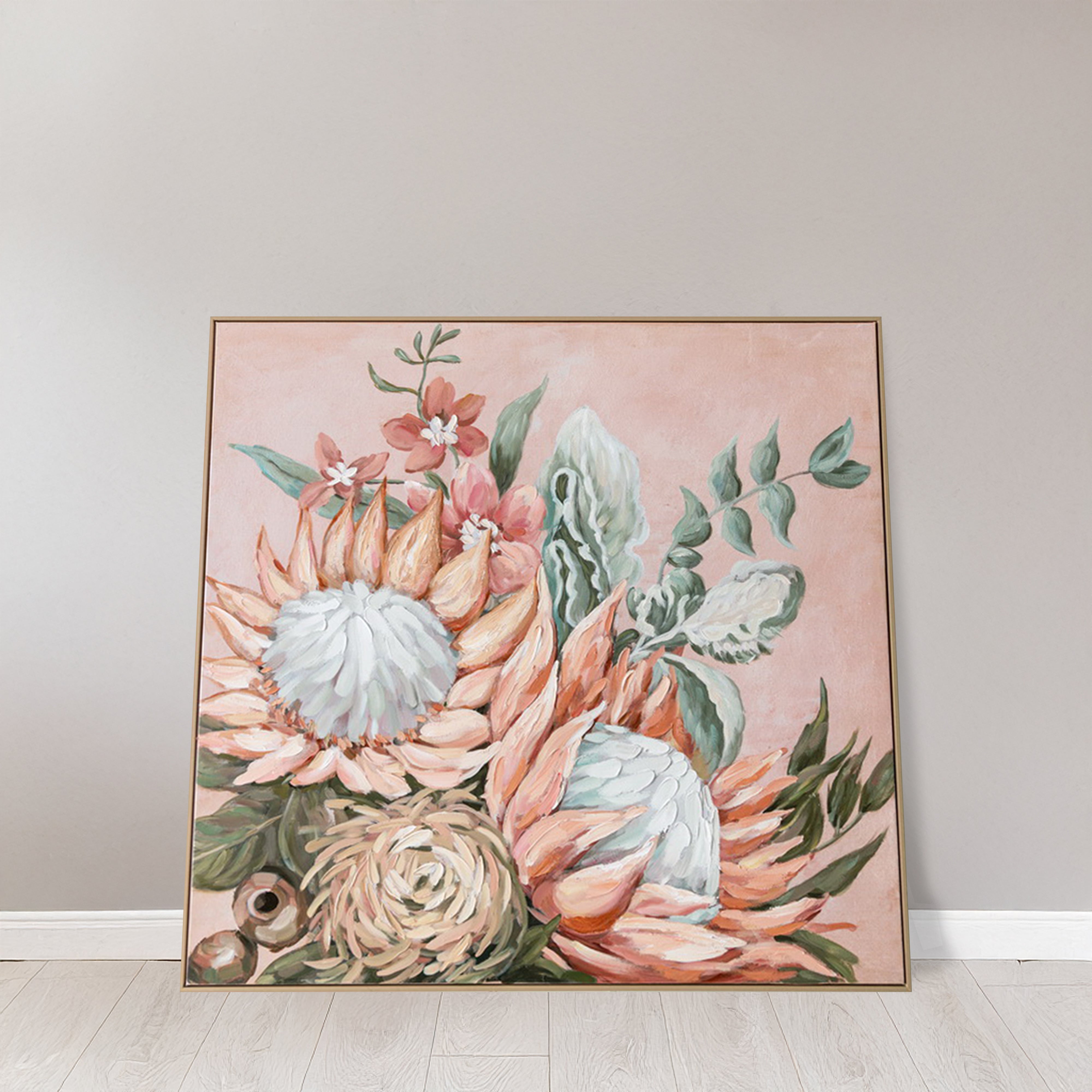 Urban Style Brushmarks Embellished Canvas Protea Pink Wall Art - Perfect for Living Room, Bedroom & Office Decor