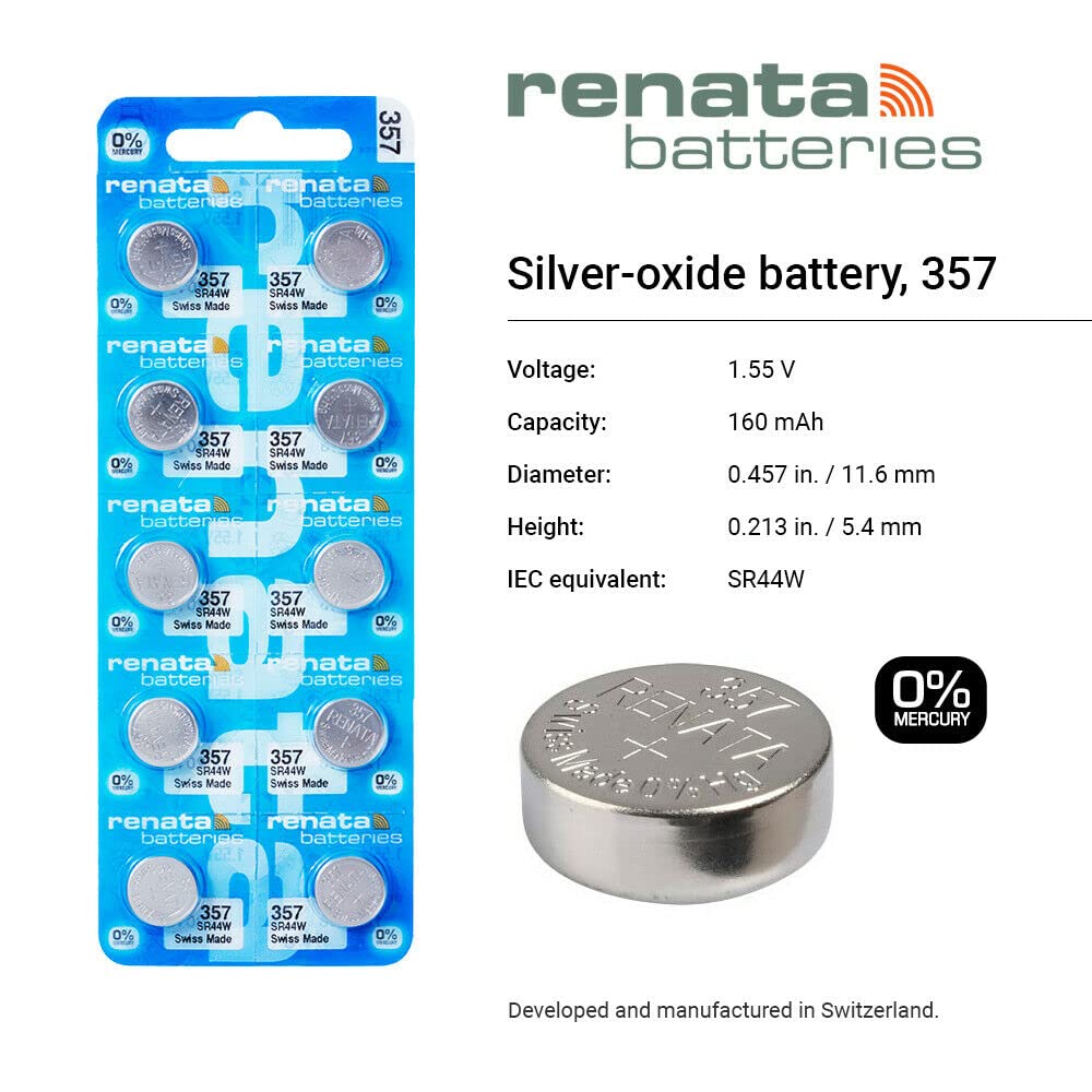 Renata 357 SR44W Silver Oxide Watch Batteries 1.55V - 20 Pack for Watches, Calculators, Medical Devices & Electronic Toys - Long Lasting Power Supply