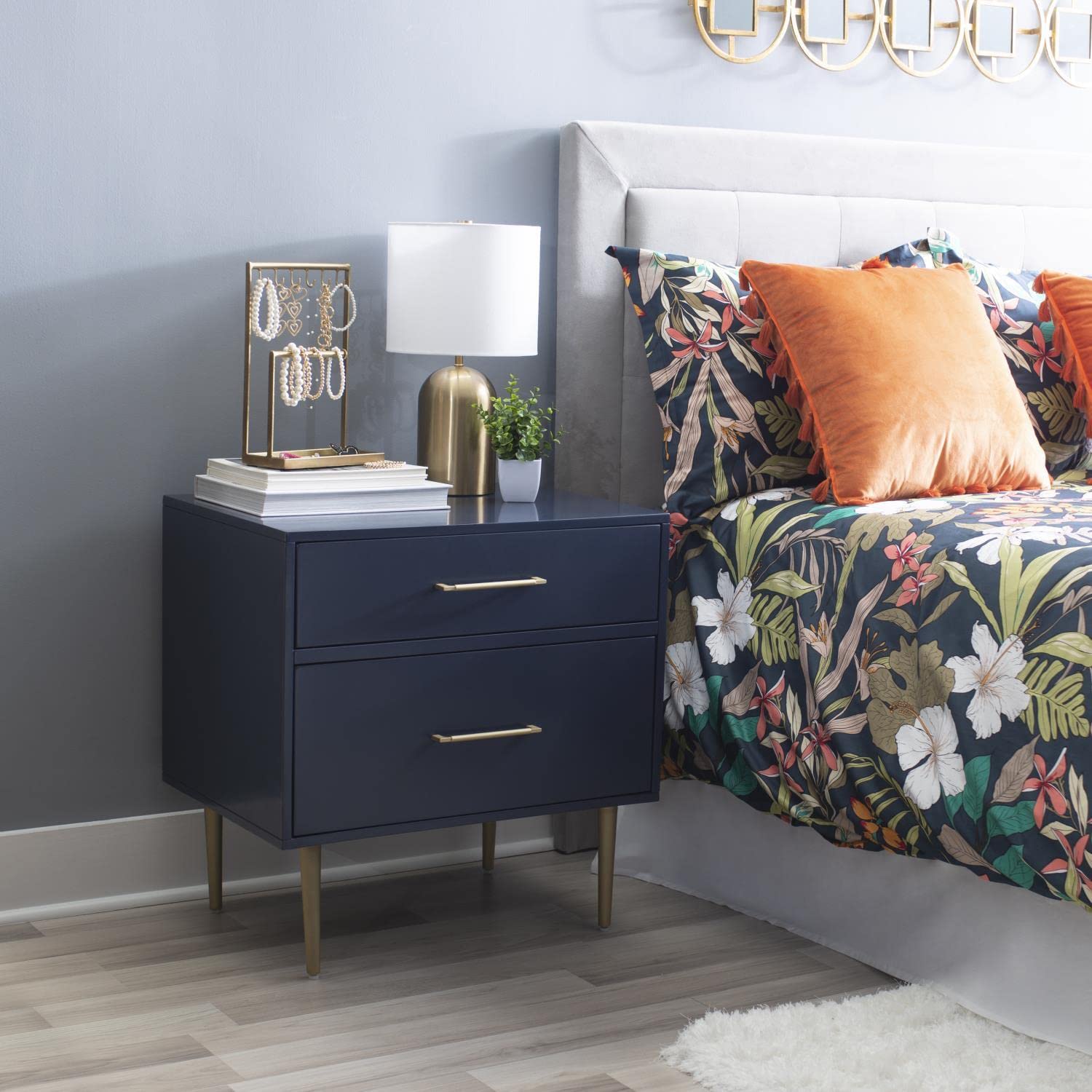 Linon Gloria 2-Drawer Nightstand in Navy Blue - Stylish Bedside Table for Bedroom, Living Room, or Guest Room Storage