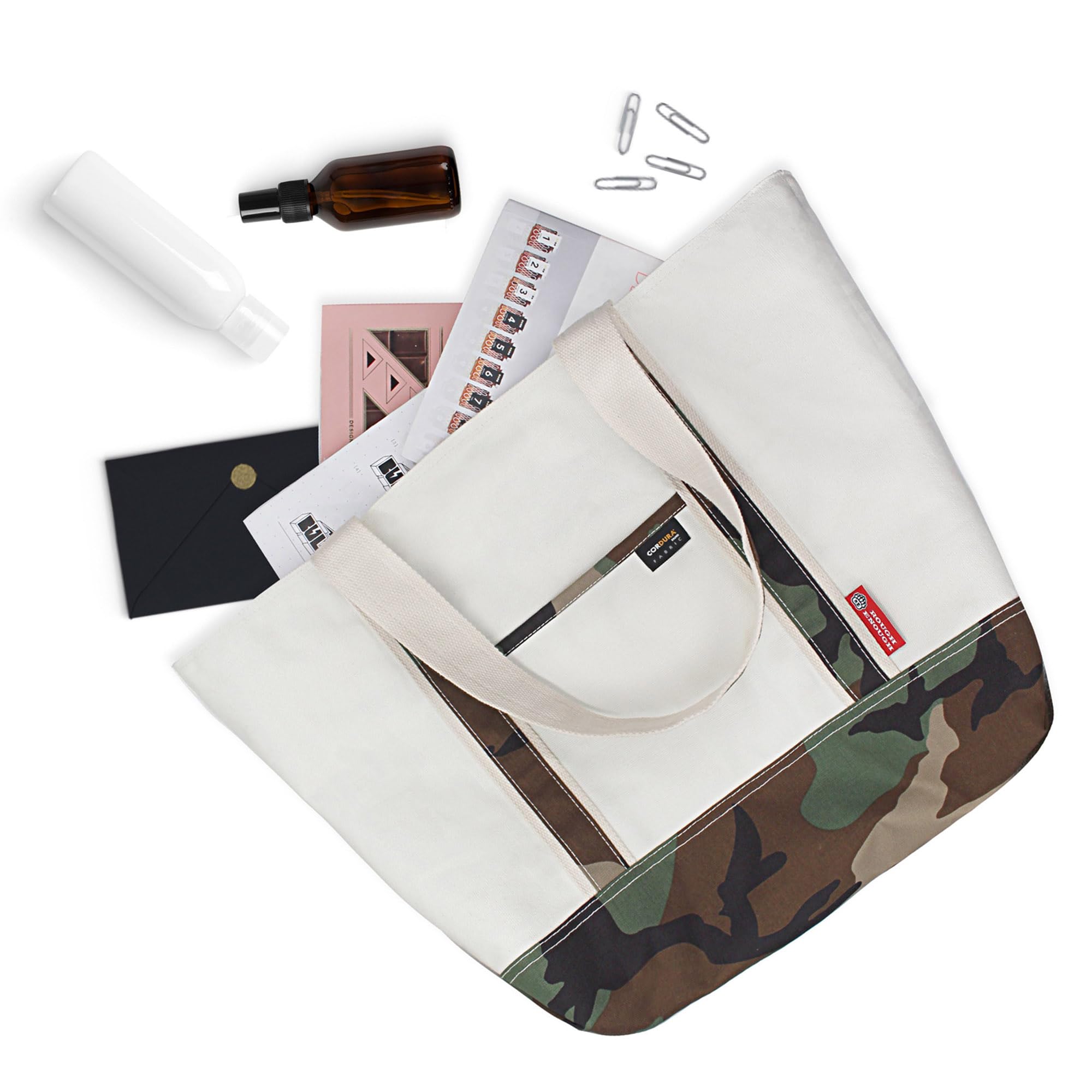 Large Canvas Tote Bag with Pockets & Magnetic Closure - 30L Blank Beige Camo - Durable Work, Book, Travel & Gym Bag for Women & Men | Perfect for Office Commute, Beach Trips & Shopping