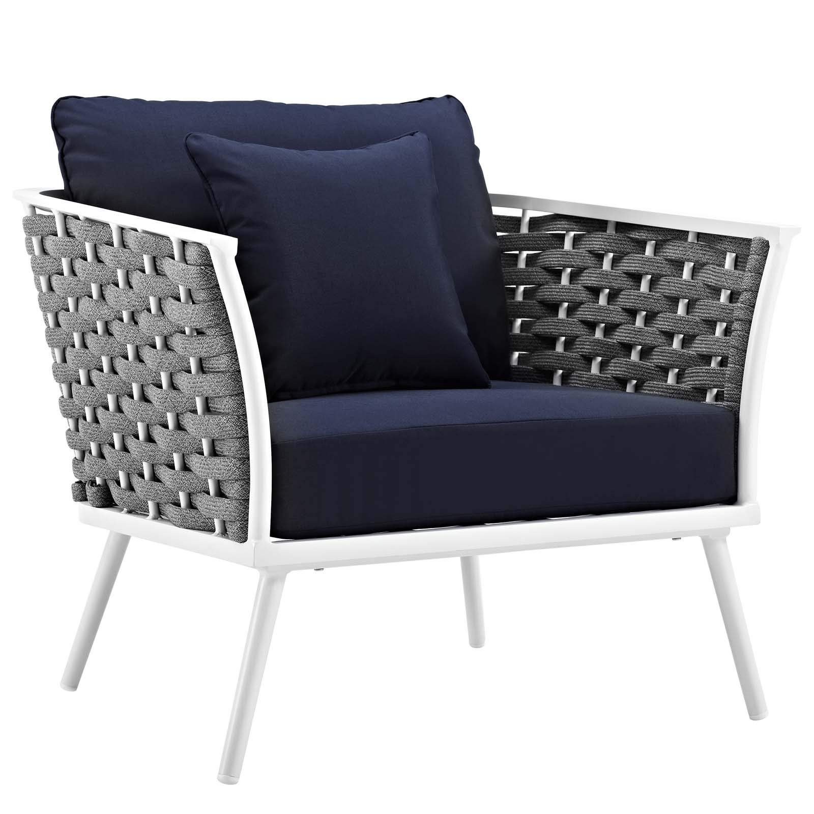 Modern Outdoor Patio Furniture Set - Aluminum Lounge Chair & Sofa with Navy Fabric Cushions - Perfect for Balcony, Garden, or Poolside Relaxation