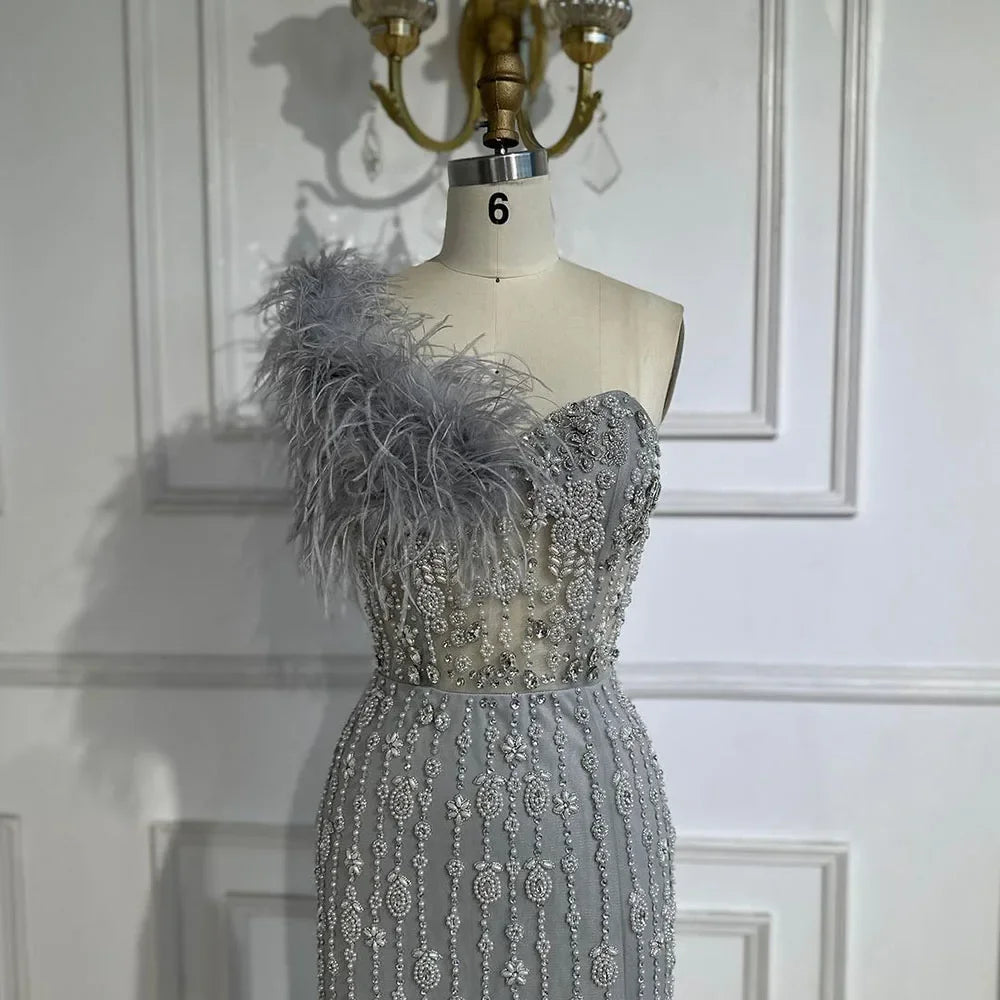 Elegant Gray Mermaid One Shoulder Beaded Feather Evening Gown for Women - High Slit Luxury Party Dress for Prom, Gala & Special Occasions - Serene Hill Collection LA72347