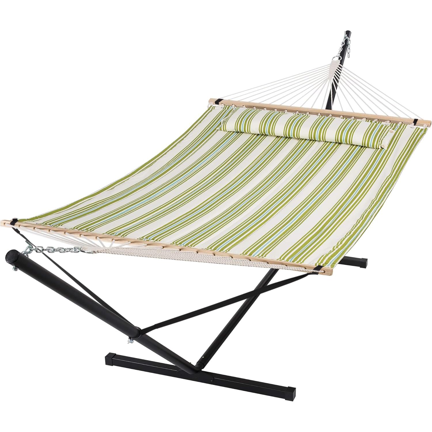 SUNCREAT Portable Double Hammock with Stand - 475 lbs Capacity Heavy Duty 2 Person Hammock Set (Green Stripe) for Backyard, Camping & Outdoor Relaxation
