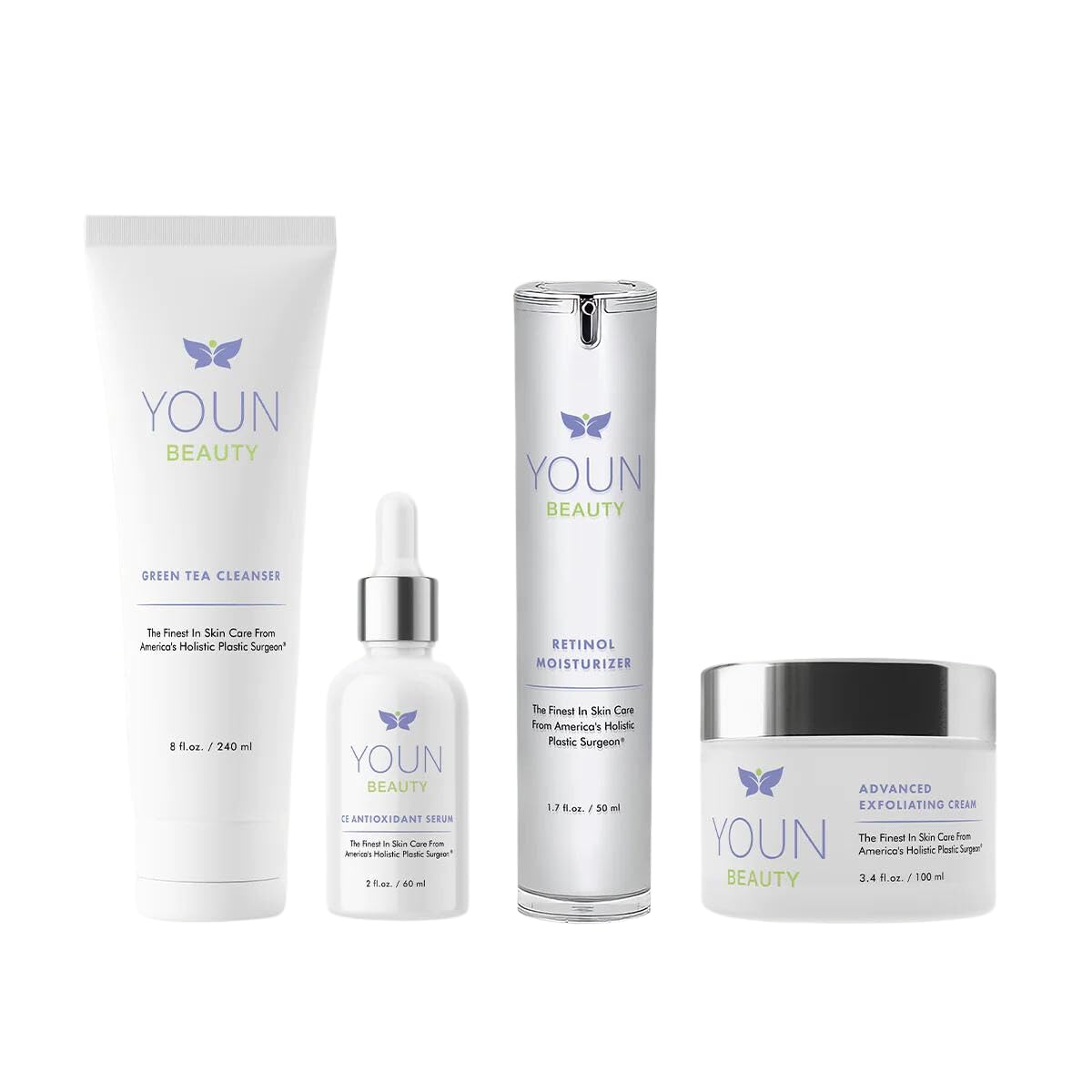 YOUN Beauty Anti-Aging Skincare Set - 2 Minute 5 Years Younger System with Vitamin C Serum, 2.5% Retinol Moisturizer & Green Tea Cleanser | Dermatologist-Recommended for Wrinkle Reduction & Brightening | Perfect for Daily Routine & Special Occasion Prep