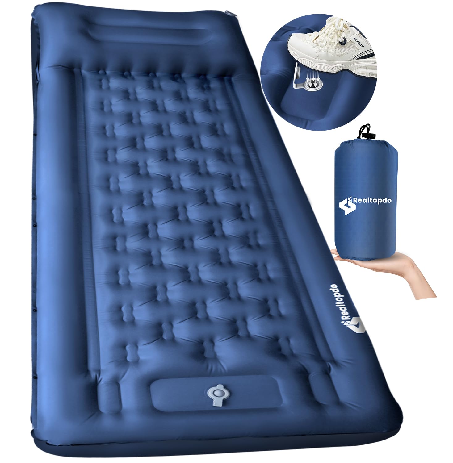 Extra Thick 5 Inch Self Inflating Camping Sleeping Pad with Pillow & Foot Pump - Lightweight Portable Mattress for Backpacking, Hiking, Travel - Perfect for Outdoor Adventures & Car Camping (Blue)