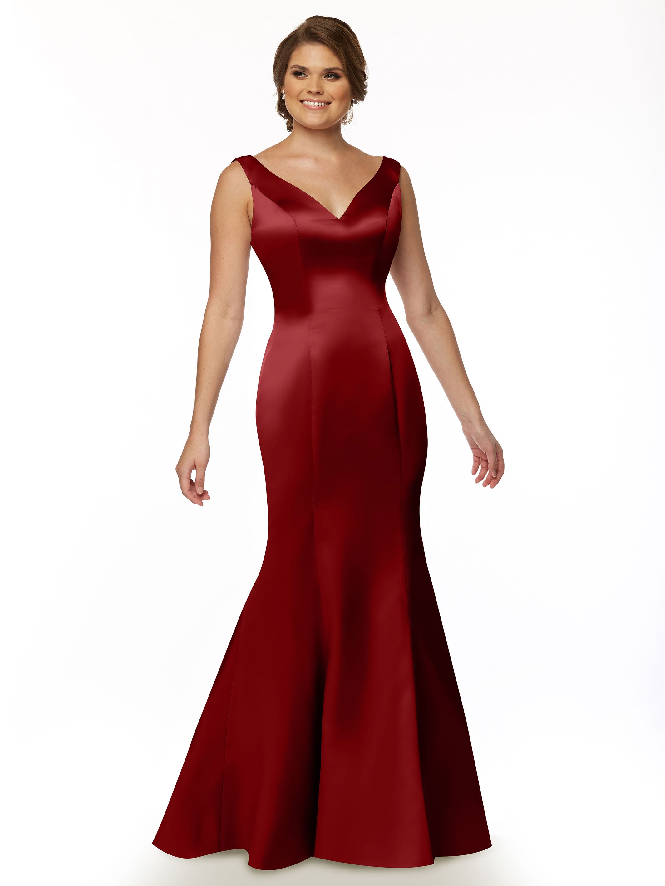Elegant 80078 Fit and Flare Satin Bridesmaid Dress with V-Neckline & Ruffled Back - Perfect for Weddings, Proms, and Formal Events