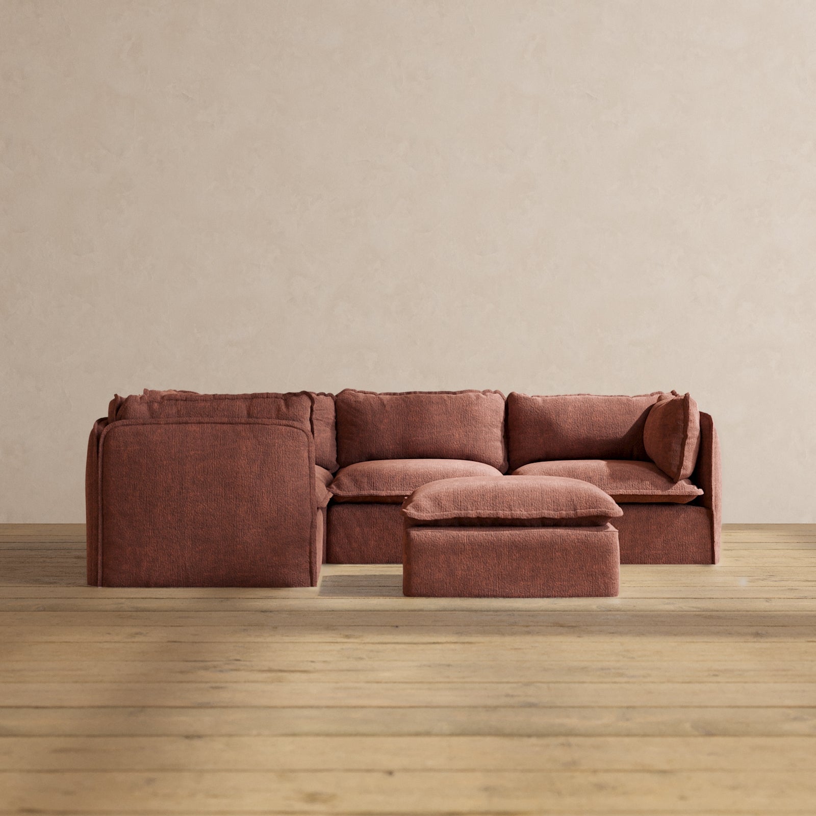 Modular Performance 4-Seater Corner Sectional Sofa with Ottoman in Chestnut Brown | Premium Fabric Blend | Perfect for Living Room, Family Room & Home Theater