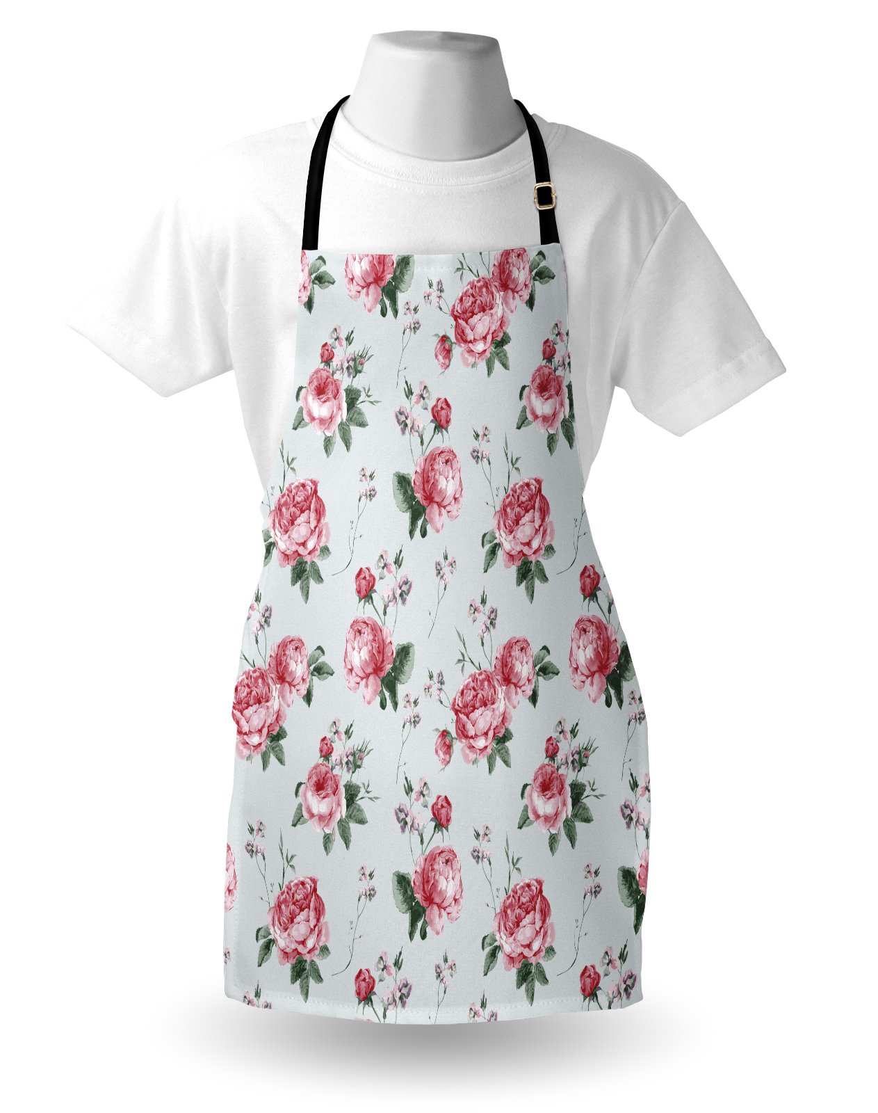Ambesonne Rose Apron - English Rose Watercolor Painting Design, Unisex Adjustable Kitchen Bib Apron for Cooking, Baking & Gardening - Reseda Green & Pink Floral Pattern | Perfect for Home Chefs, Bakers and Garden Enthusiasts
