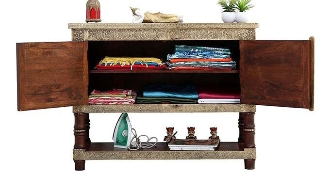 Antique Brass Embossed Solid Wood Cabinet with Brass Fittings - Vintage Ethnic Furniture for Living Room, Bedroom & Office Storage
