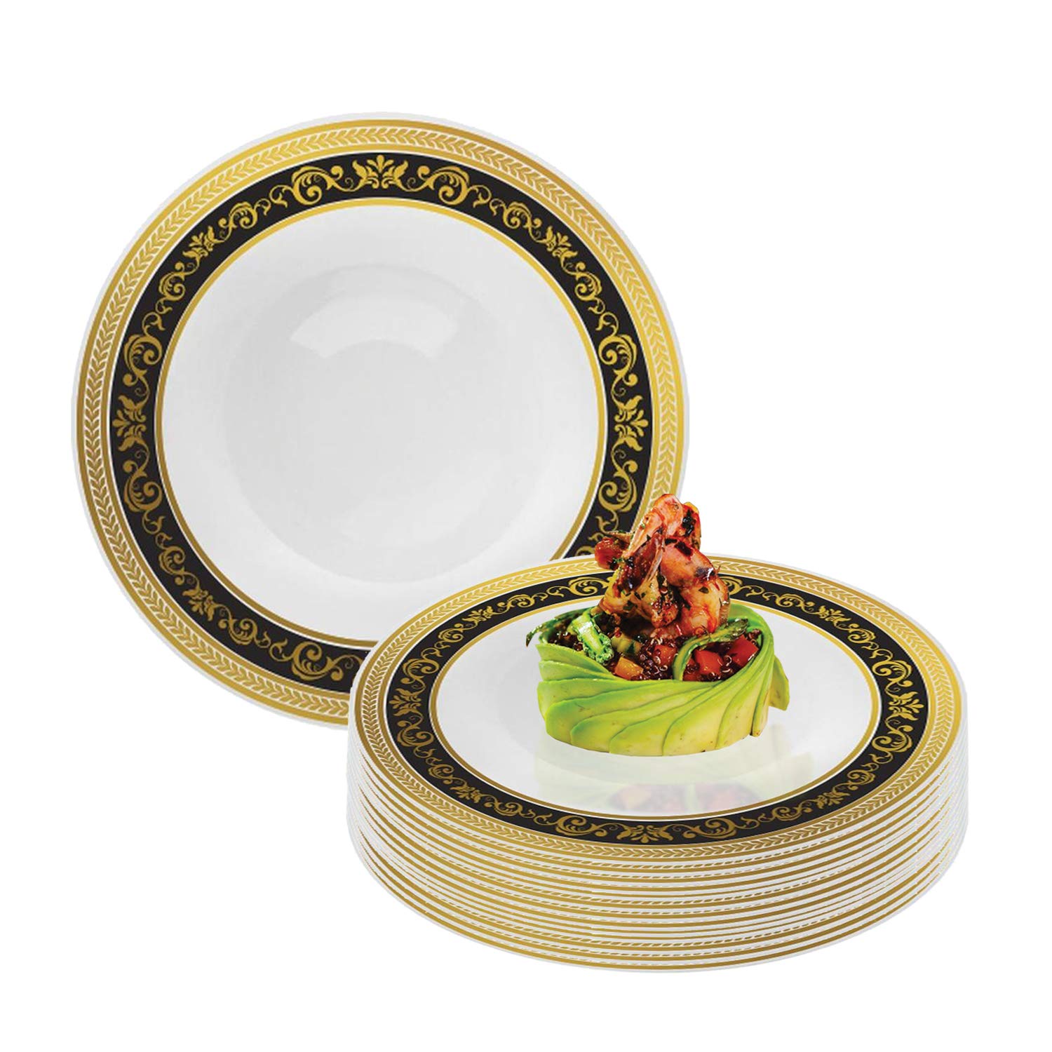 Premium Disposable Plastic Dinner Plates 120 Pack - 10.25 Inch Heavy Duty Elegant White Plates with Black & Gold Royal Rim - Bulk Catering Supplies for Wedding, Birthday Party, Holiday & Special Events - Perfect for Formal Dinners, Buffets & Outdoor Gatherings