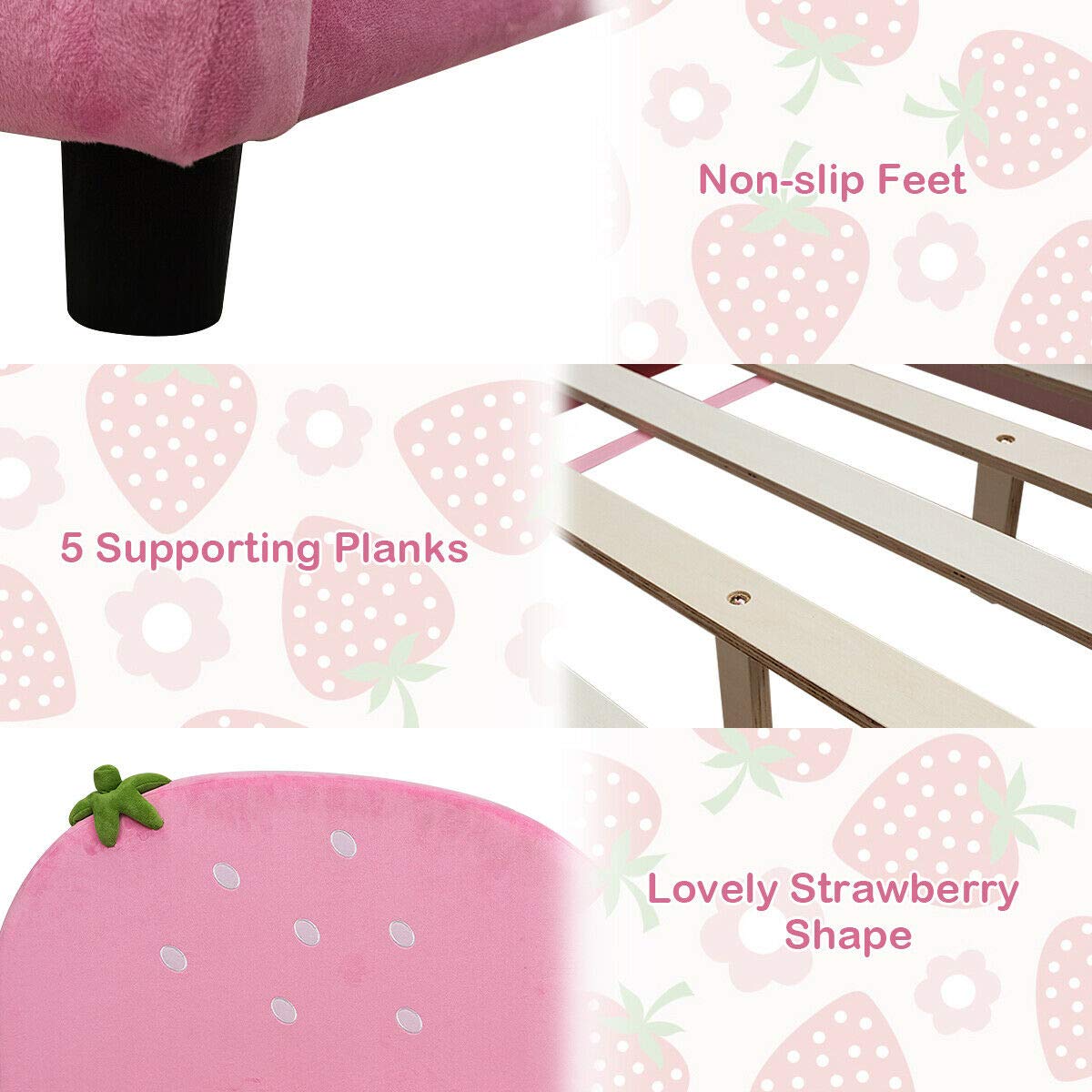 Costzon Twin Bed Frame for Kids - Wooden Upholstered Platform Bed with Slat Support, Padded Headboard & Footboard | No Box Spring Needed | Easy Assembly | Fits Standard Twin Mattress (Strawberry Red) | Perfect for Kids' Bedrooms, Dorm Rooms & Guest Rooms
