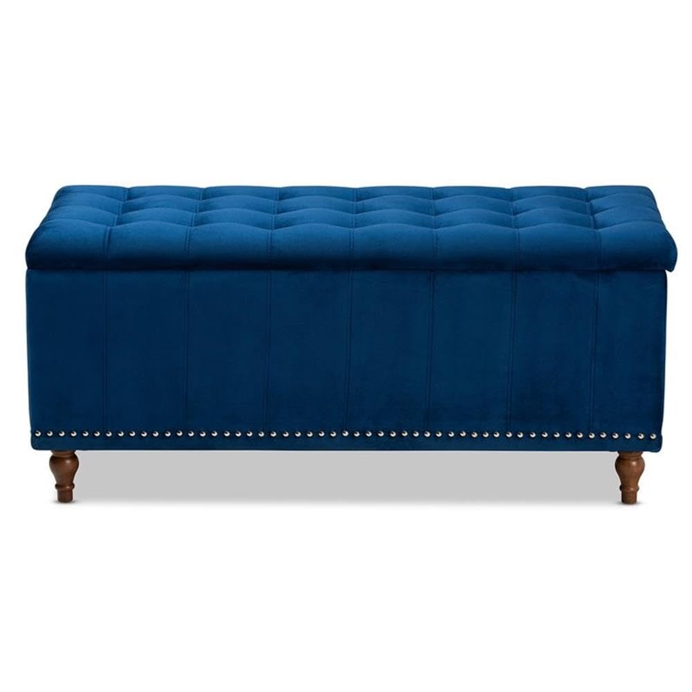 BOWERY HILL Navy Blue Velvet Upholstered Storage Ottoman Bench with Tufted Design - Stylish Footrest, Seat & Hidden Storage for Living Room, Bedroom & Entryway